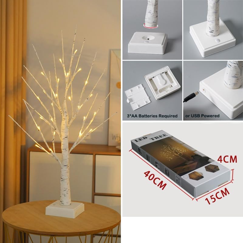 2FT Fairy Birch Tree with 24 LED Lights Artificial Tree Lamp with Timer for Easter Christmas Decoration Light Spirit Tree USB/Battery Powered Branch Trees for Party Wedding Home (24 LED Light)