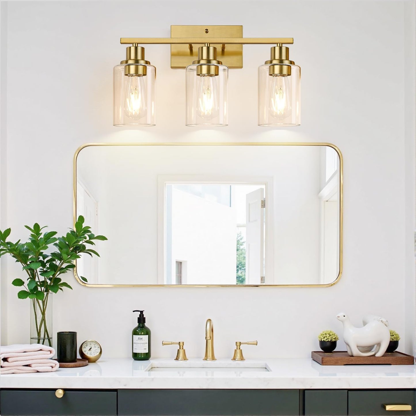 3-Light Vanity Lights with Clear Glass Shades, Brushed Gold Bathroom Light Fixtures Over Mirror, Modern Bathroom Wall Lamp for Mirror Living Room Cabinet Bedroom Porch