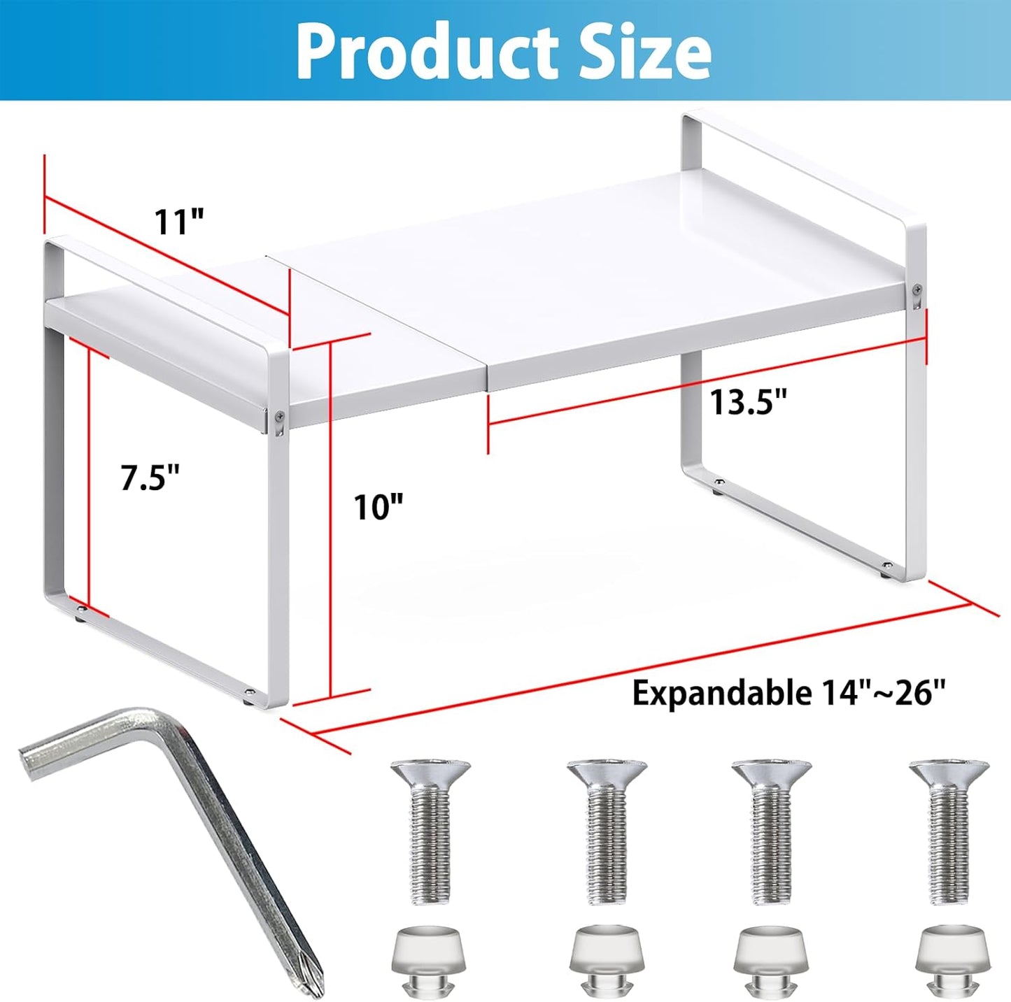 11'' Wide Expandable Cabinet Shelf Organizer Rack Adjustable Length 14''-26'' Pantry Shelf Spice Rack Heavy Duty Nonslip Kitchen Counter Storage Shelves Pantry Cupboard Under Sink Countertop White