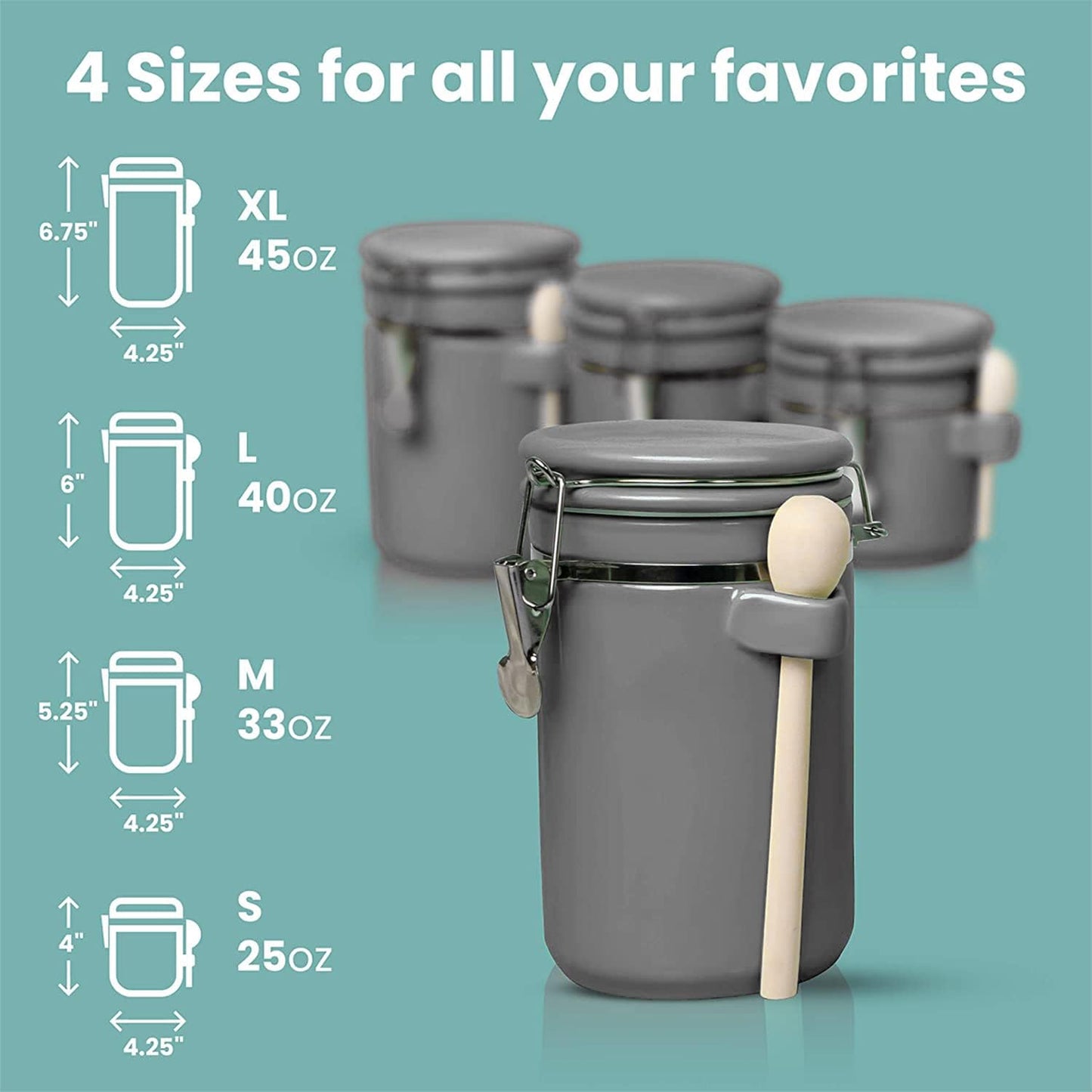 Home Intuition 4-Piece Ceramic Kitchen Canisters Set, Airtight Containers with Wooden Spoons Reusable Chalk Labels and Marker for Sugar, Coffee, Flour, Tea (Grey)