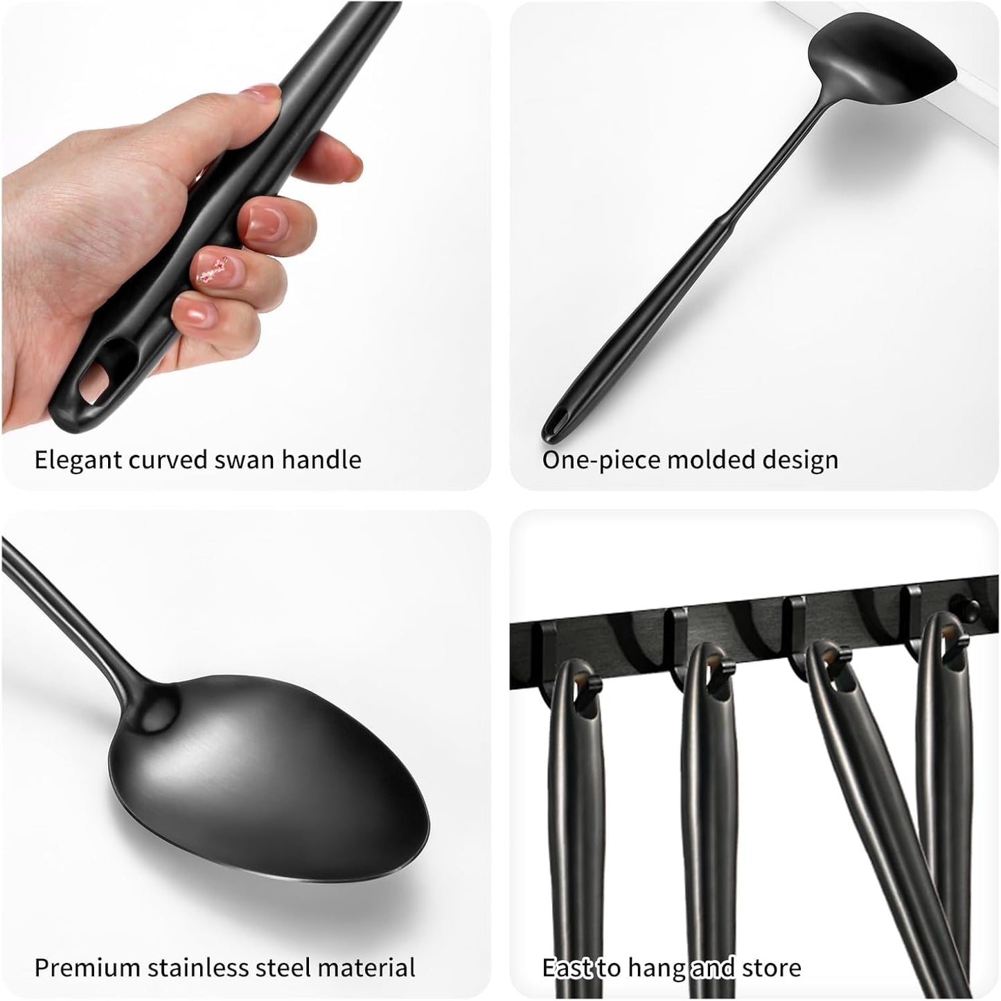 304 Stainless Steel Cooking Utensils,6 Pcs Kitchen Cooking Utensils Set with Spatula, Solid Spoon, Ladle, Skimmer, Spaghetti Spoon,Dishwasher Safe(Black)