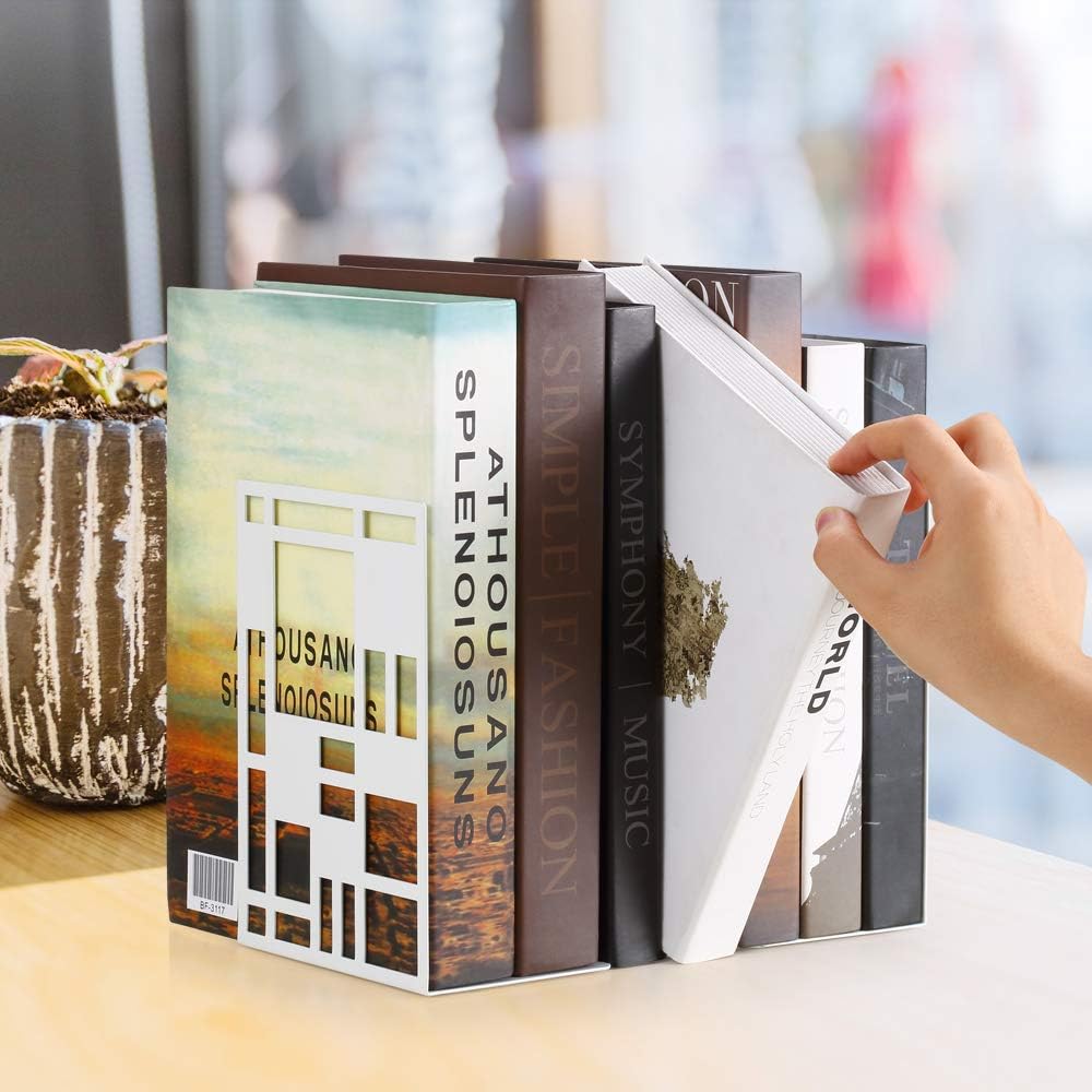 INNPLUS Heavy-Duty Metal Bookends, 6 Pair, White, Anti-Slip Foam Pads, Perfect for Heavy Books, Office, Home