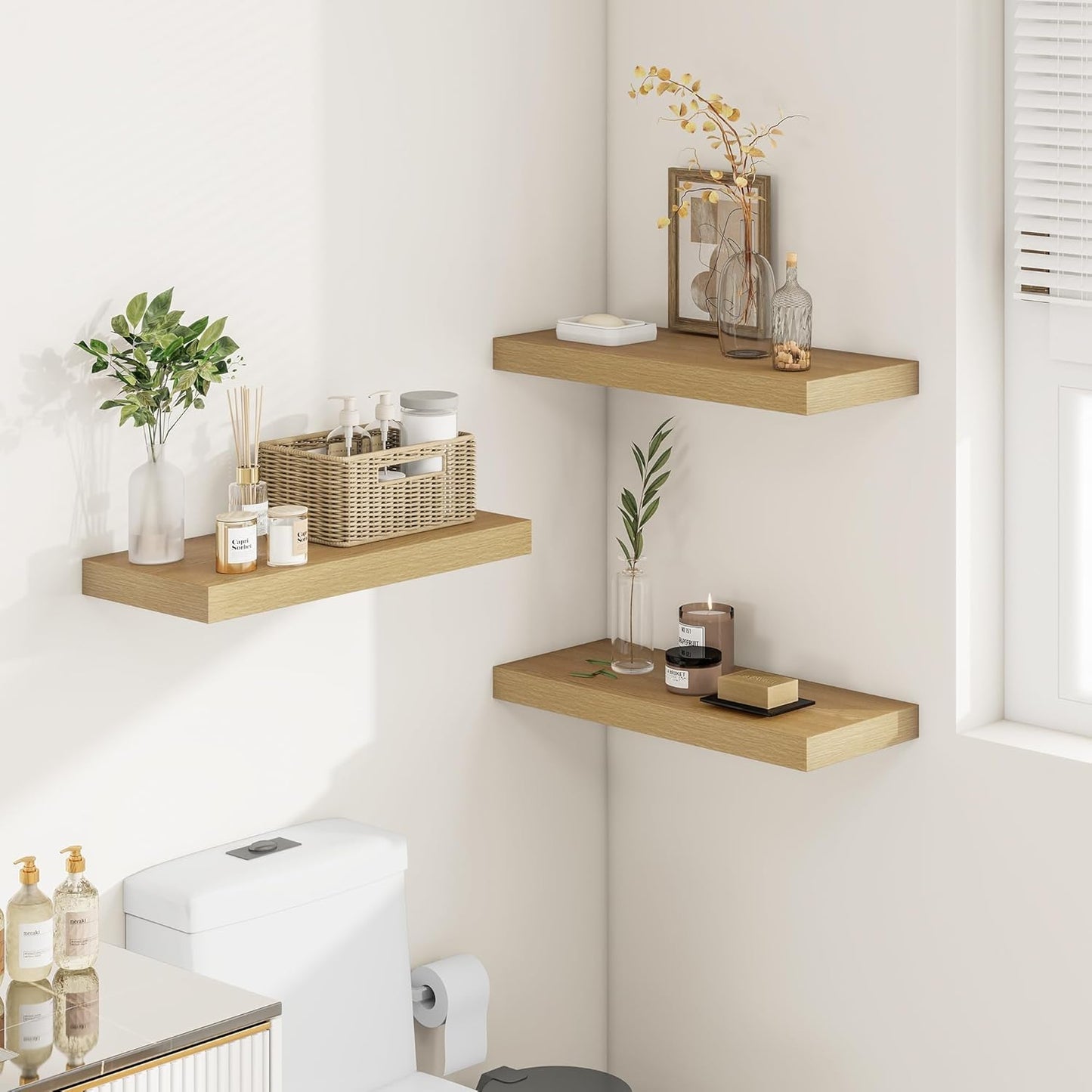 12 Inch Deep Floating Shelves 24 inch Long, 24 x 12 Wide Wall Shelves with Invisible Brackets, Heavy Duty Shelf for Bedroom Bathroom Living Room Kitchen Office Home Decor, Modern Shelf Set of 2, Oak