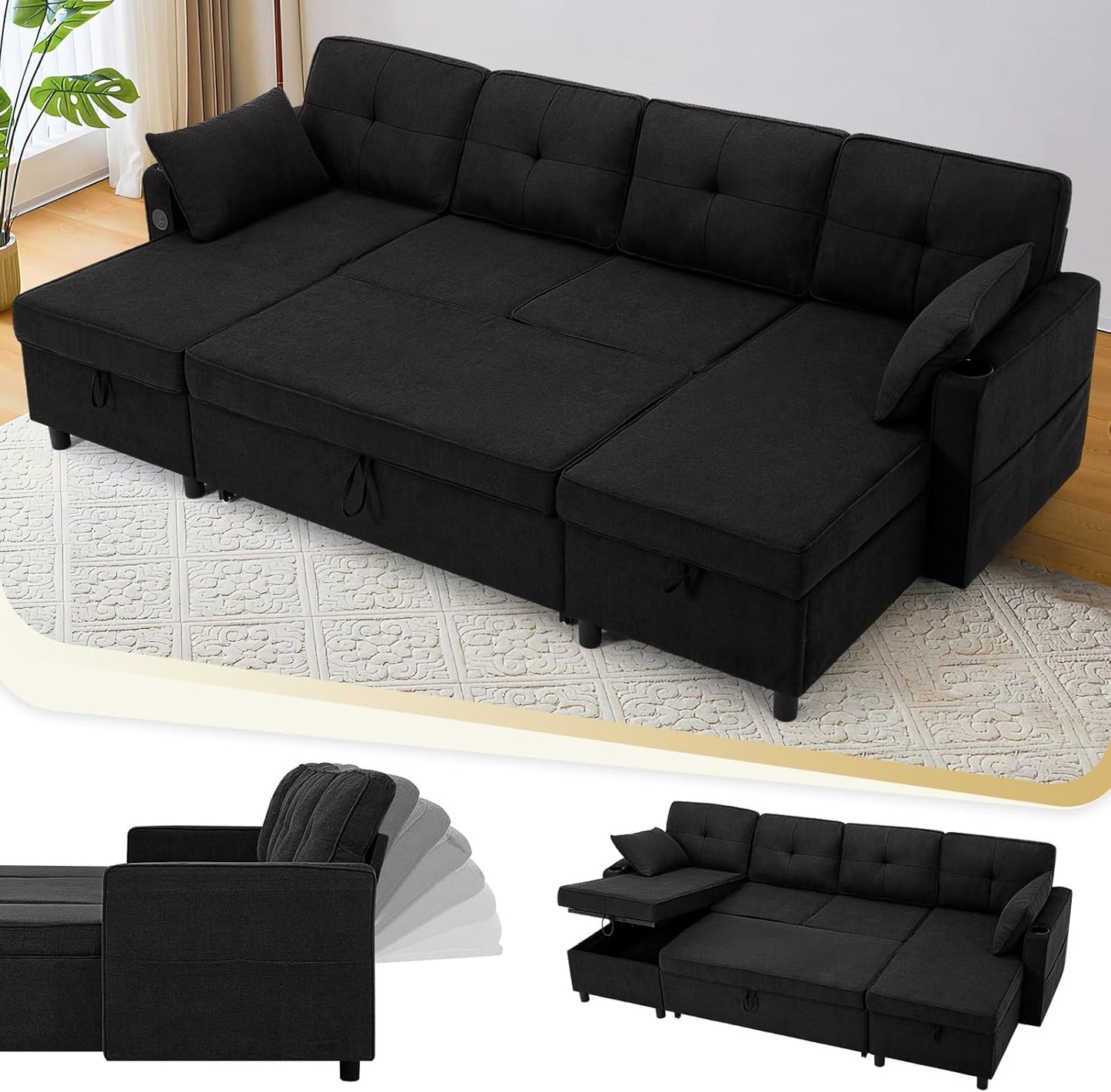 110 Inches Chenille Sectional Sofa w/Pull Out Sofa Bed & Adjustable Back, Tufted U Shaped Couch w/Two Storage Chaises, Sleeper Sectional Sofa w/USB Port & Cup Holders for Living Room, Black
