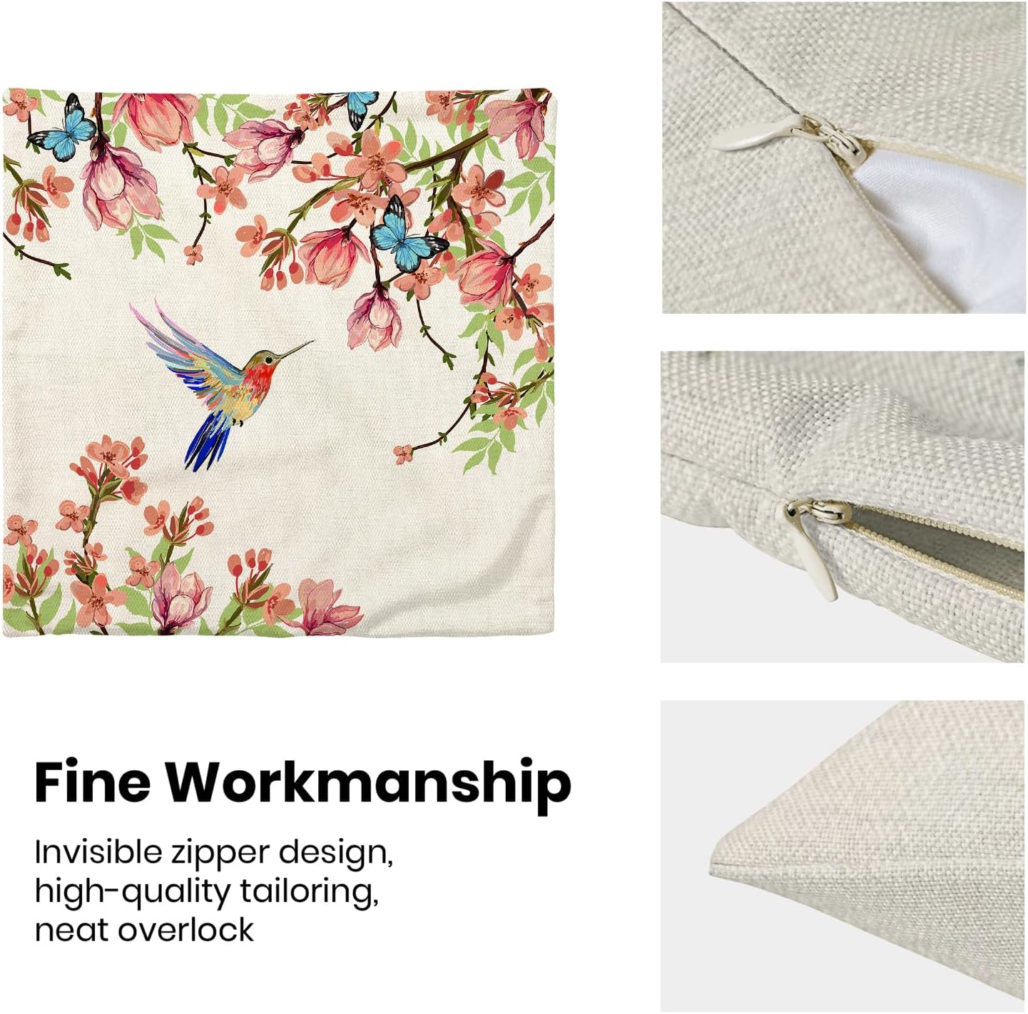 Hummingbird Flower Pillow Covers 20 x 20 Inch Set of 2 for Watercolor Floral and Birds Spring Blooming Decor Throw Pillows Nature Plant Outdoor Decorative Cushion Cases for Couch Bed Decoration