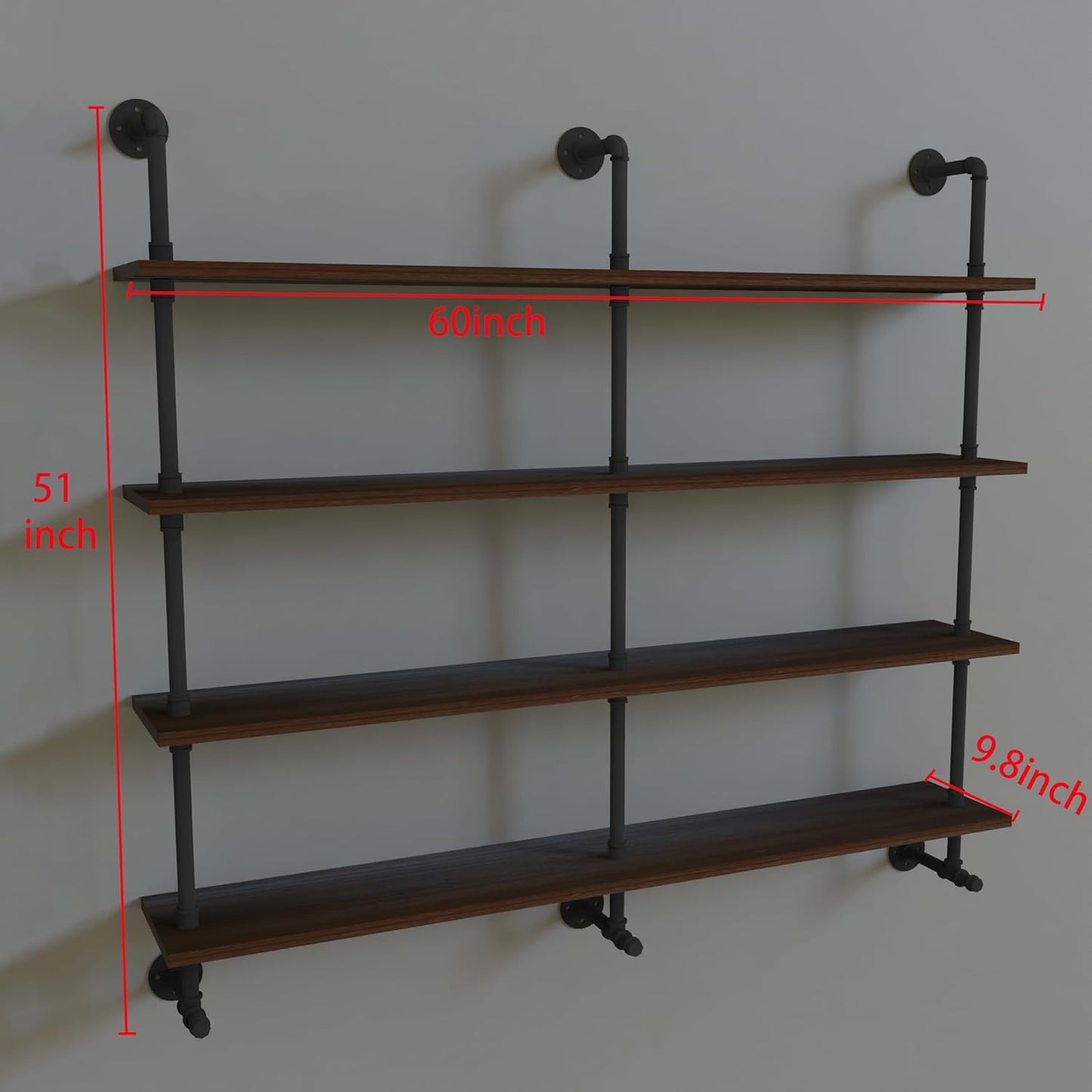 Industrial Pipe Wall Shelves Pipe Shelving with Real Wood Plank,60 Inches Floating Shelves for Wall Farmhouse Pipe Book Shelves Dark Brown 4 Tier for Kitchen,Living Room Decor and Bar Shelving