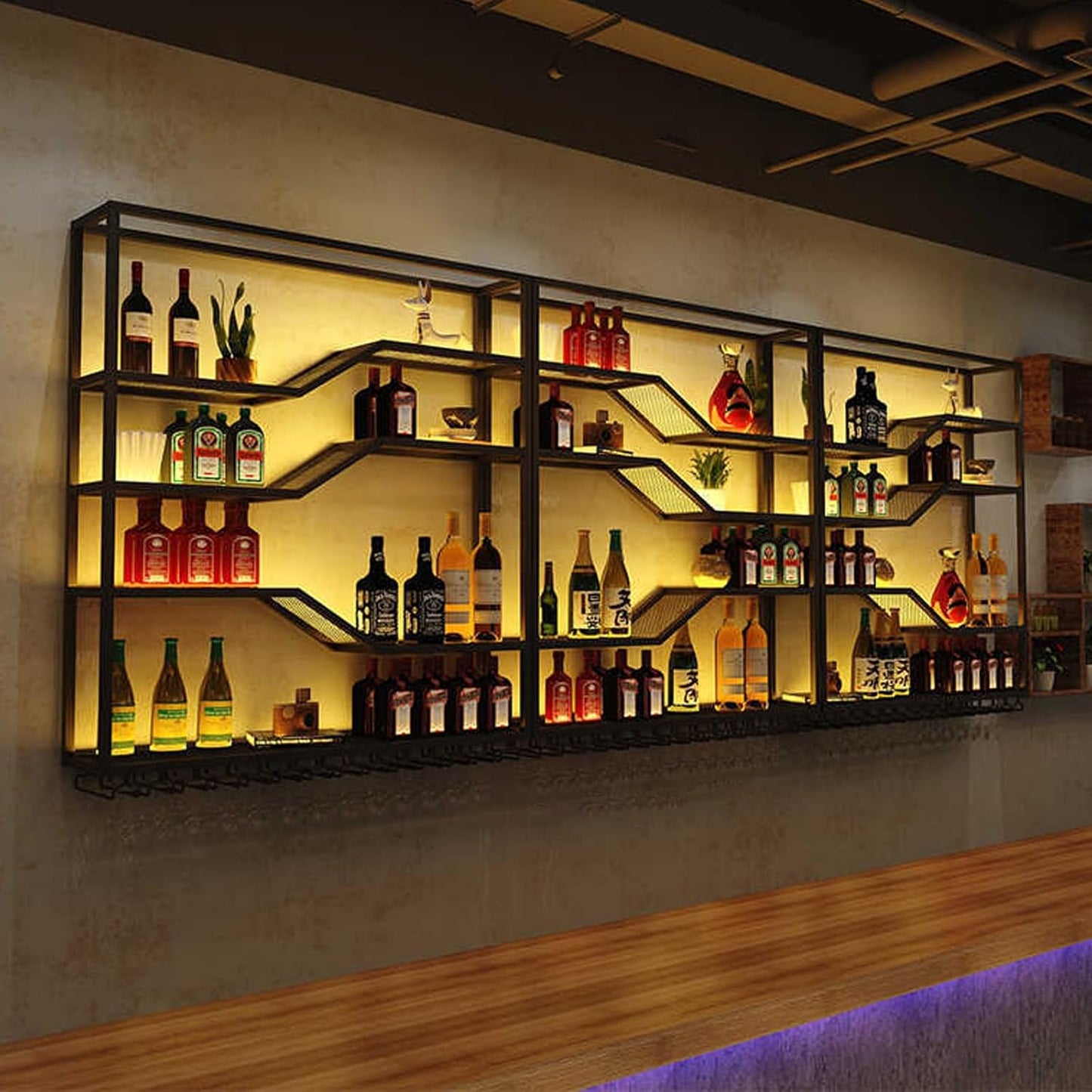 105in Large Wall Mounted Wine Rack with LED Light, 5-Tiers Liquor Bottles Display Shelf with Glasses Holder, Metal Home Bar Shelves with Iron Frame for Kitchen Dining Room (Black, 105in/8.72ft)