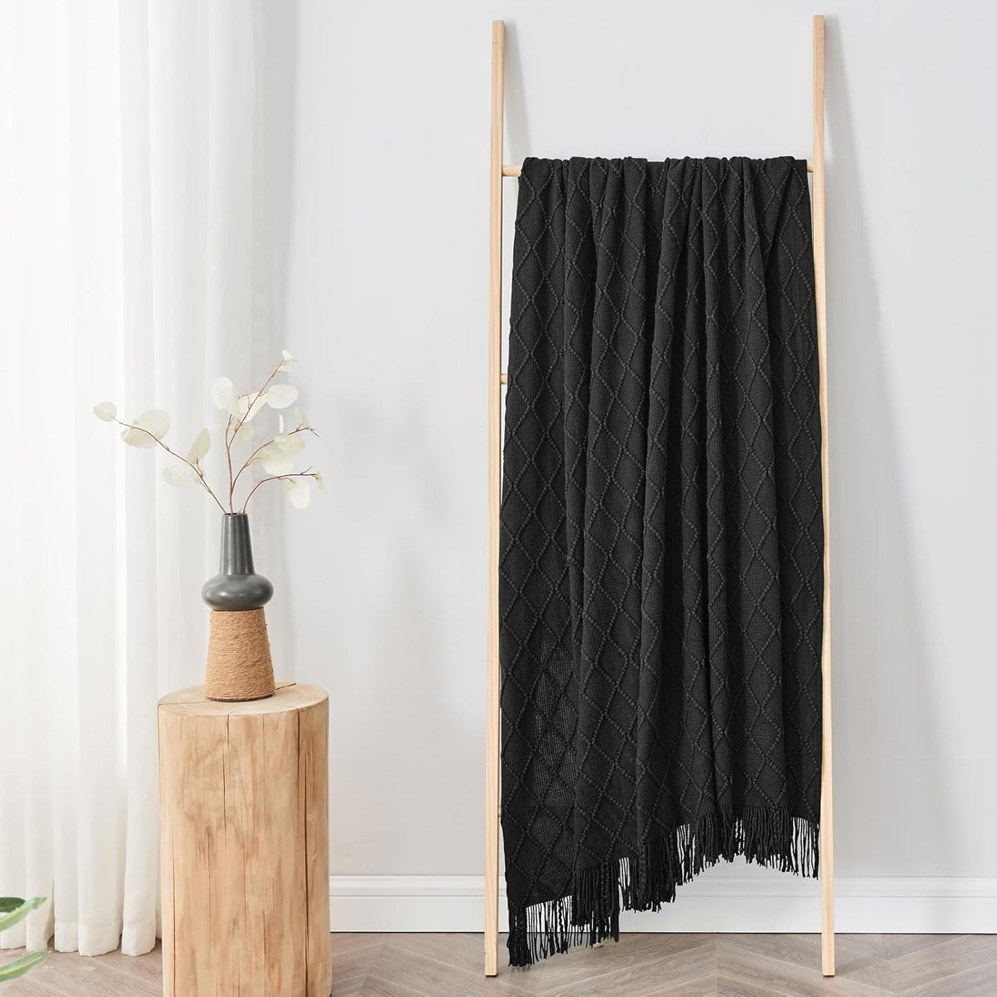 inhand Knitted Throw Blankets for Couch and Bed, Soft Cozy Knit Blanket with Tassel, Black Lightweight Decorative Blankets and Throws, Farmhouse Warm Woven Blanket for Men and Women, 60"x80"