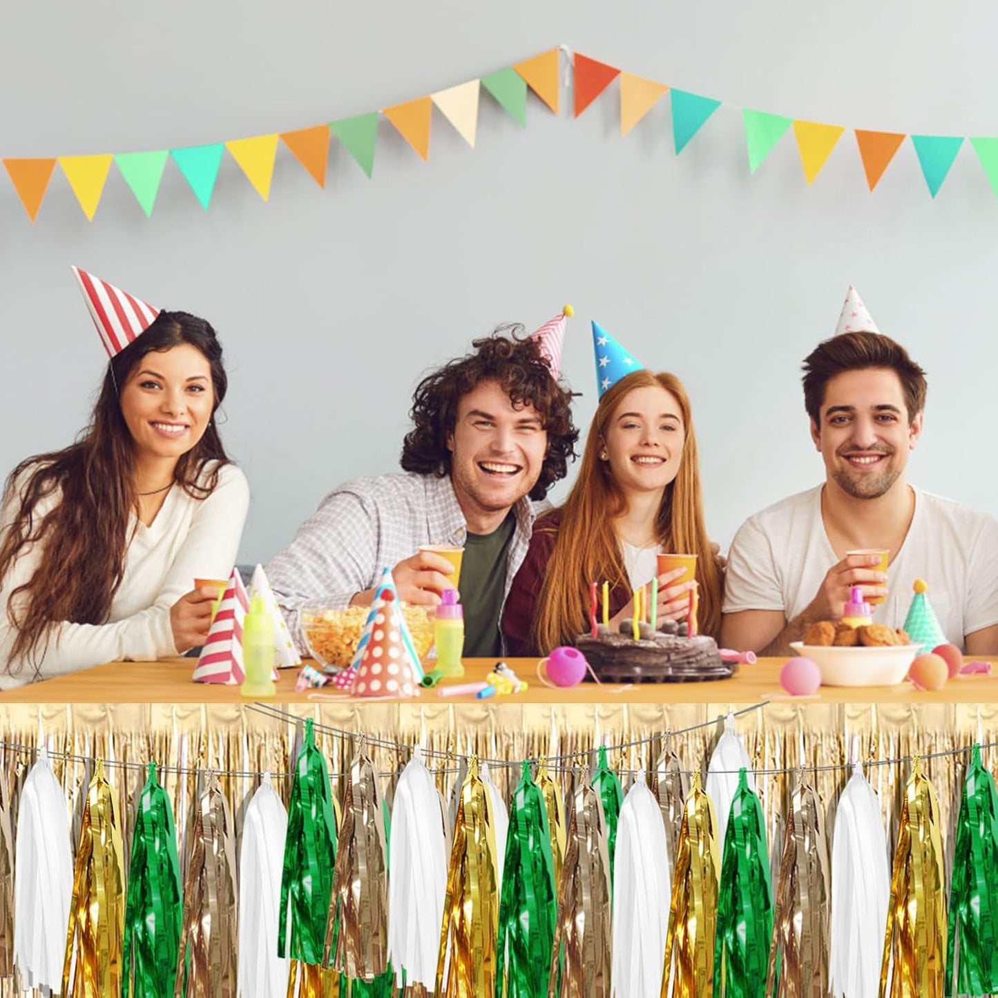 3P Sage-Green Beige-Mint Gold Foil Fringe Metallic Tassel Garland Banner, Tassels Banner Streamers for Parade Floats, Bachelorette, Wedding, Birthday, Christmas, Bridal/Baby Shower Party Decorations