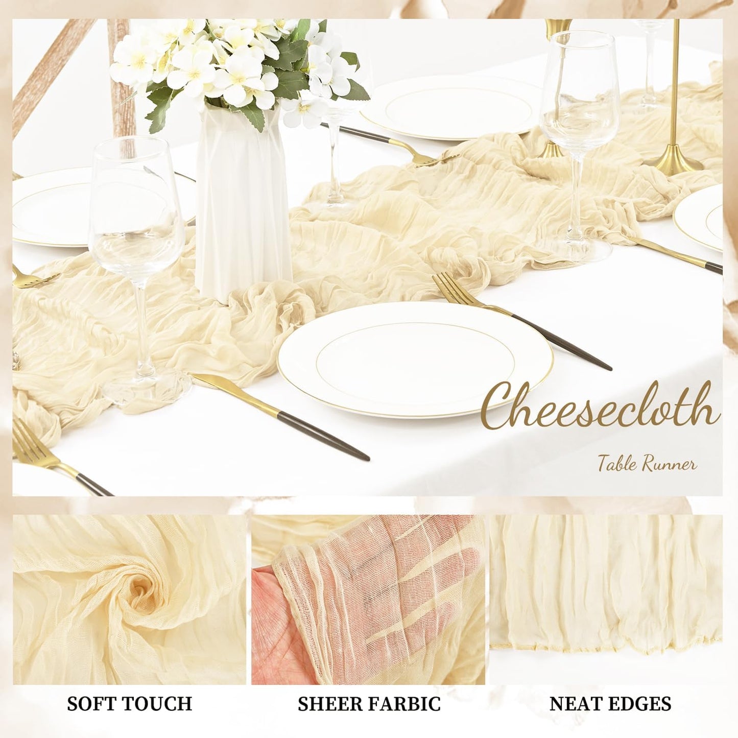 10FT 6 Pack Beige Cheesecloth Table Runner 20 x 120 Inch Long Rustic Gauze Fabric Cheese Cloth Table Runner for Wedding Bridal Baby Shower Table Decorations Boho Sheer Birthday Party Table Decor