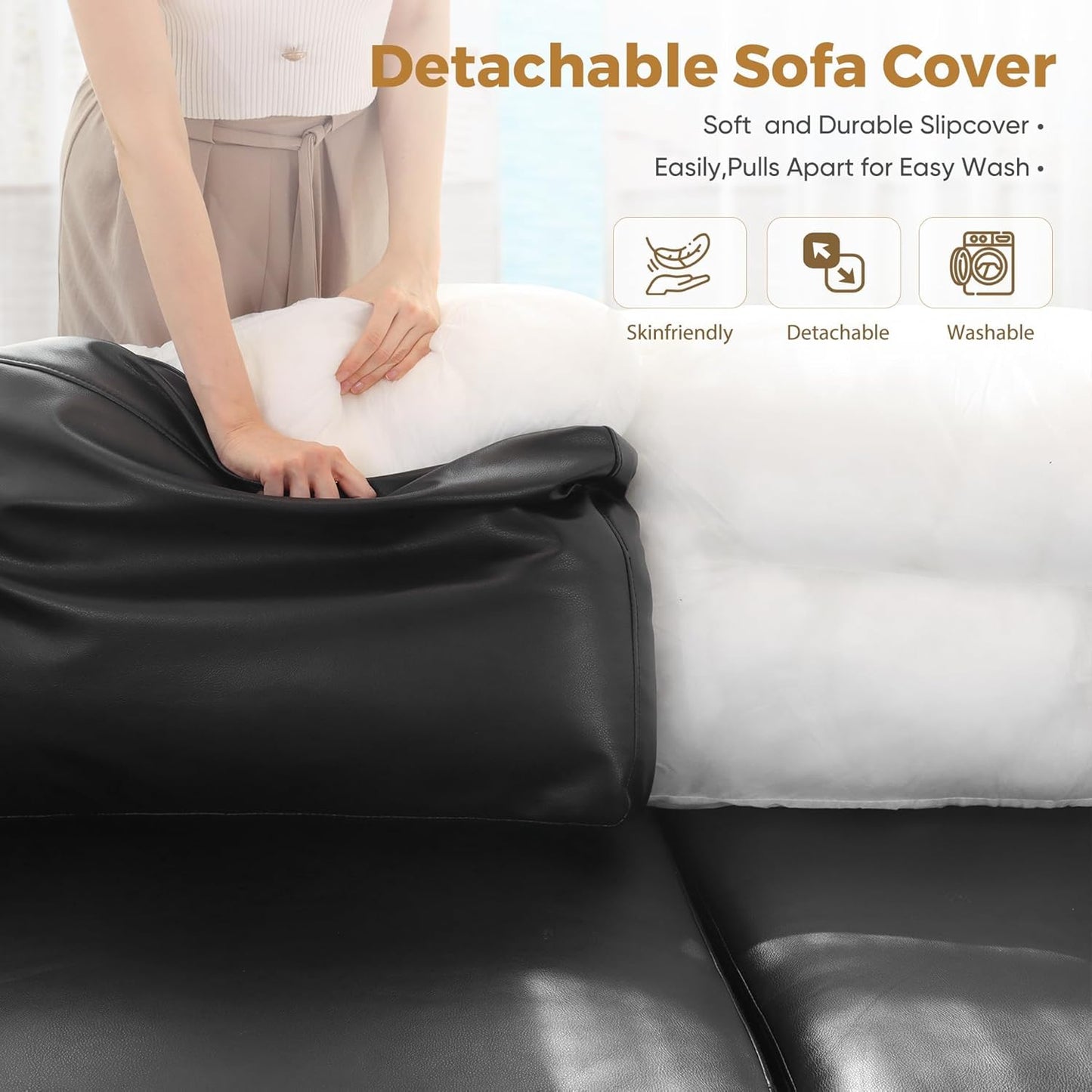 118.5" Faux Leather Modular Sectional Sofa, L Shaped Couch Set for Living Room, 6-Seater Comfy Cloud Couches with Movable Storage Ottoman Black