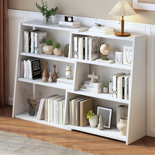 IOTXY Wooden Extendable Shelf Bookcase - 3-Tier Ladder Low Short Bookshelf for Small Space or Corner, White, L