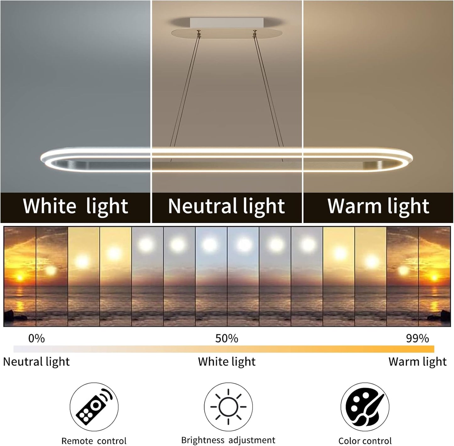 Island Lights, Linear Pendant Light LED Dimmable Hanging Light Fixture, 3000K-6000K with Remote Control,Chandeliers for Dining Room(Silver,43.3IN)