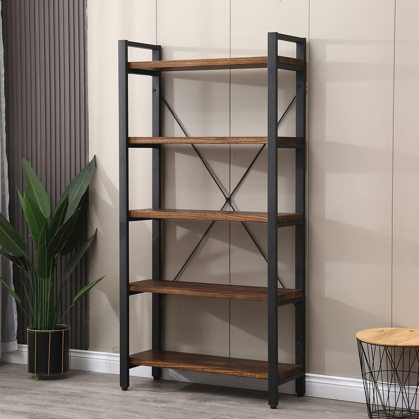 5 Tier Bookcase, Solid Wood Bookshelf Rustic Vintage Industrial Etagere Bookcase, Metal and Wood Free Vintage Bookshelf, Retro Brown (Real Wood) (5-Tiers)