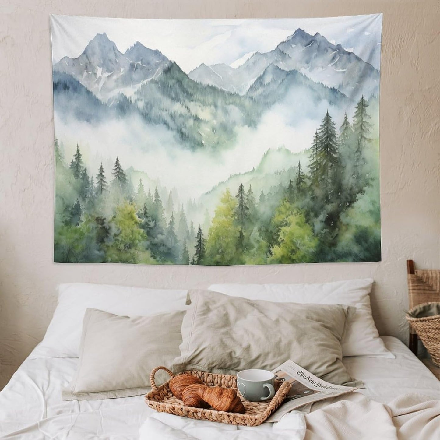 HZOHNAGO Mountain Tapestry Misty Green Forest Mountain Pattern Printed Wall Tapestry Wall Hanging for Bedroom Living Room Dorm 80" W x 60" H