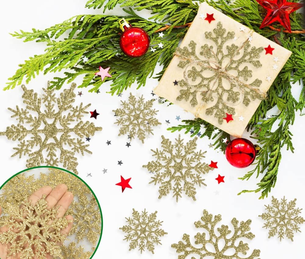 36pcs Christmas Gold Snowflake Ornaments Plastic Glitter Snow Flakes Ornaments for Winter Christmas Tree Decorations Size Varies Craft Snowflakes