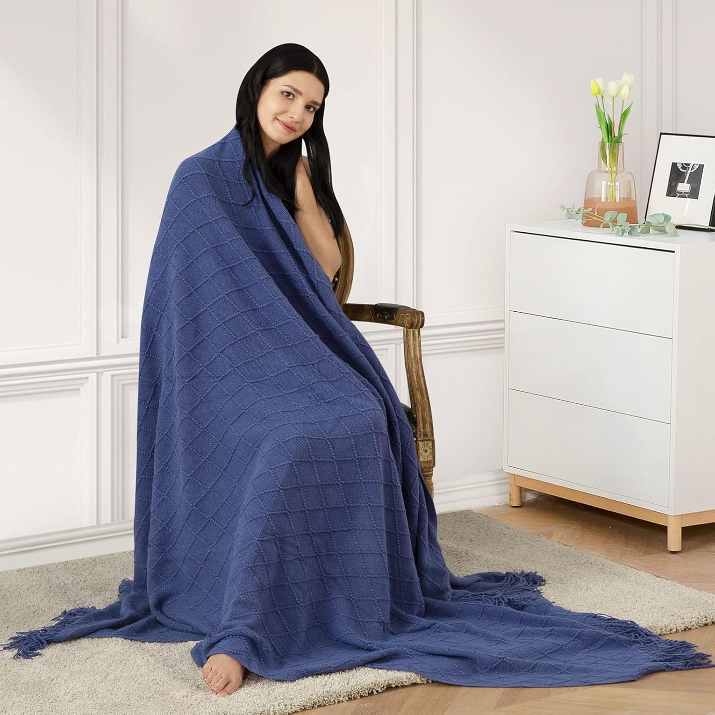 inhand Navy Blue Throw Blanket for Couch and Bed, Soft Living Room Home Decor Knitted Twin Size Blanket, Outdoor Lightweight Breathable Summer Blanket, Farmhouse Warm Woven Decorative, 60"x80"