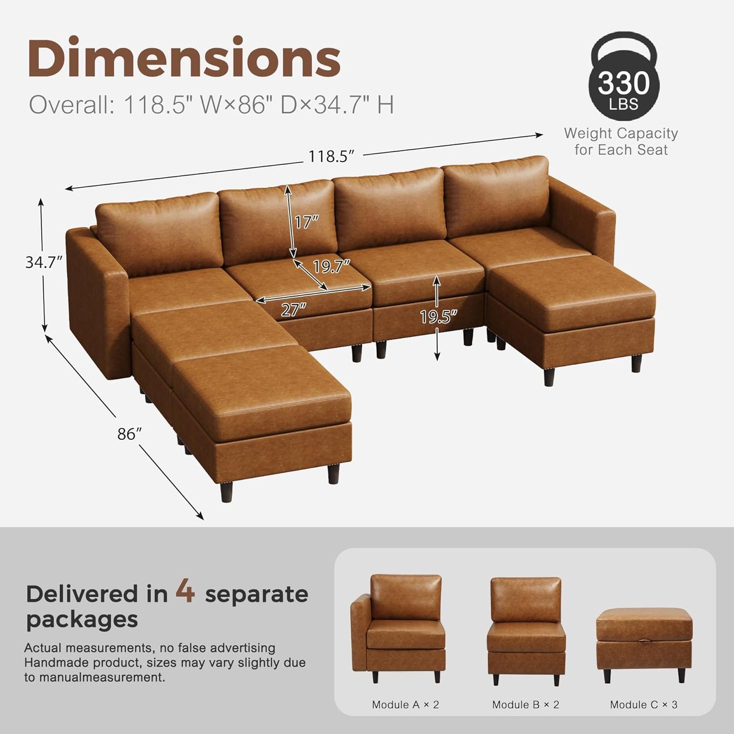 118.5" Faux Leather Modular Sectional Sofa, 7 Seater U Shaped Couch with Storage Seat with Reversible Chaise Deep Seat for Living Room Brown