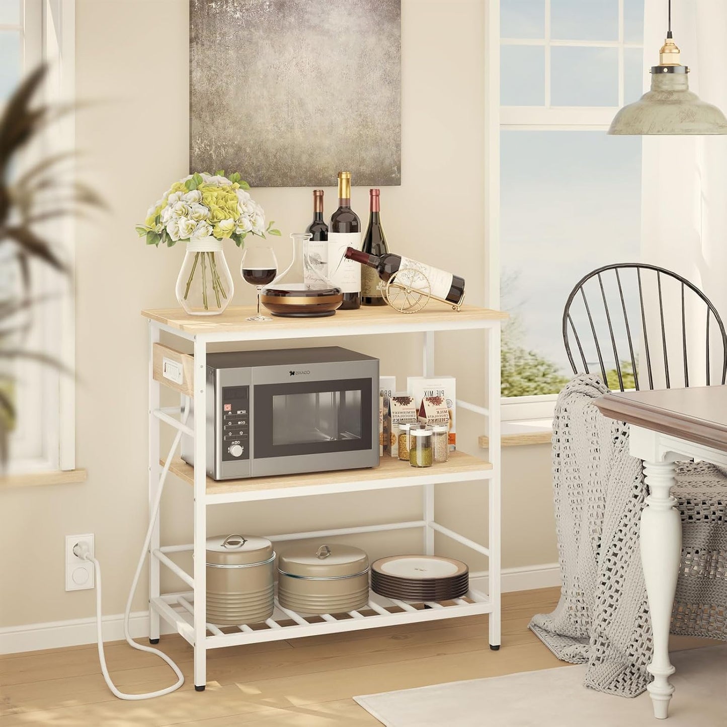 IBUYKE Kitchen Island with Storage, Bakers Rack with Power Outlet,Microwave Stand with Large Worktop,Rolling Bar Cart for Home, Outdoor, Kitchen,Light Wood TMJ029R