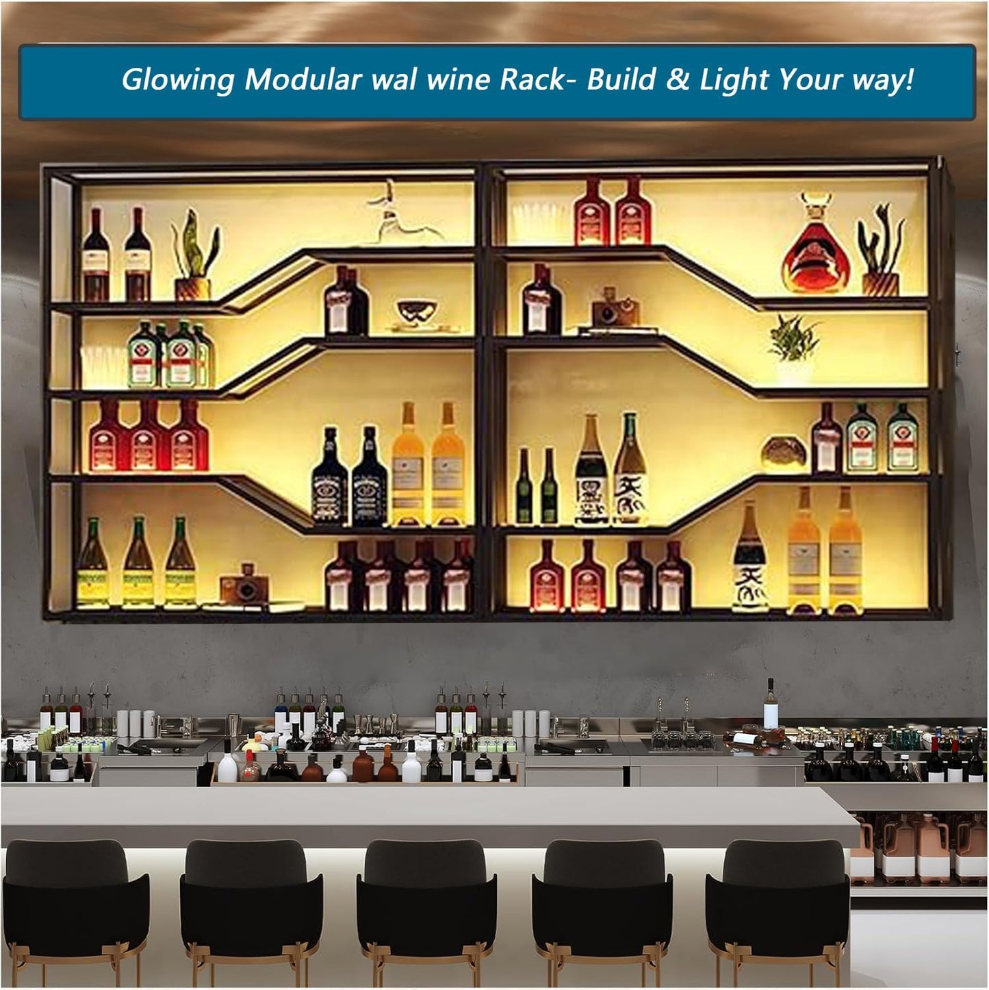 118in Wall Mounted Wine Rack with LED Light, 5-Tiers Liquor Bottles Display Shelf with Glasses Holder, Metal Home Bar Shelves with Industrial Iron Frame for Kitchen (Black, 118in/9.84ft)