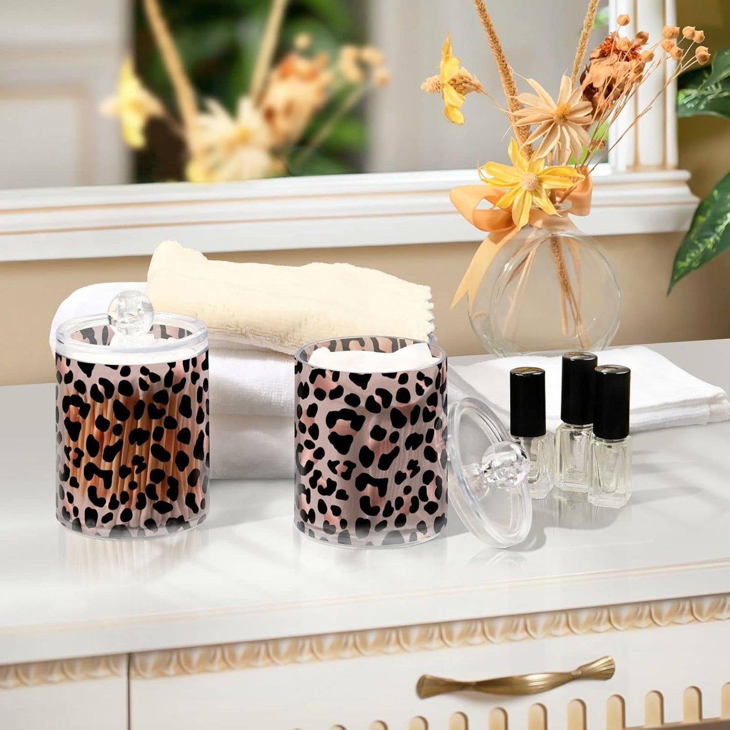 2 Pack Qtip Holder Dispenser Rose Gold Black Leopard Bathroom Storage Canister Lid Acrylic Plastic Apothecary Jar Set Vanity Makeup Organizer for Cotton Swab/Ball/Round Pads, Floss