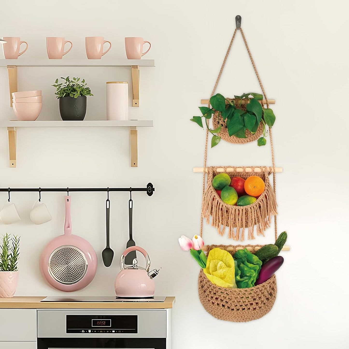 3 Tier Hanging Fruit Basket for Kitchen, Handmade Woven Cotton Hanging Wall Basket for Fruit Vegetable with 6 Hooks, Boho Style Over The Door Organizer for Living Bathroom Bedroom