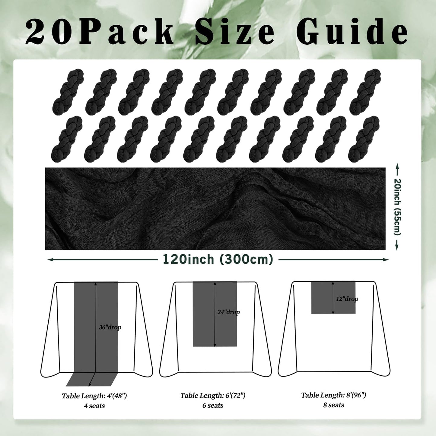 10FT 20 Pack Black Cheesecloth Table Runner 20 x 120 Inch Long Boho Fabric Rustic Cheese Cloth Table Runner for Wedding Bridal Shower Baby Shower Gauze Sheer Birthday Party Table Decorations