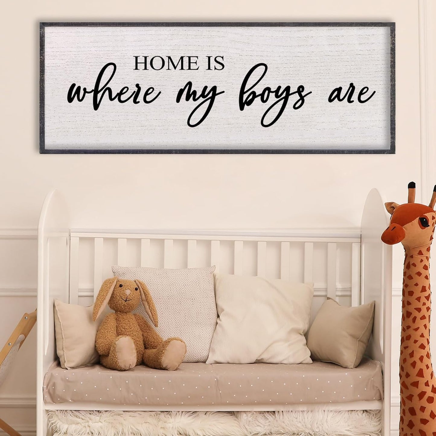 Home Is Where My Boys Are Wall Decor 32"×12" mom and her boys Sign for boys room Playroom Large Wood Framed Wall Hanging Art (Black)