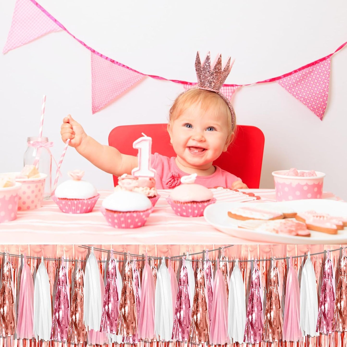 3P Pink White Peach Rose Gold Tassels Foil Fringe Metallic Garland Banner, Tassels Banner Streamers for Parade Floats, Bachelorette, Wedding, Birthday, Christmas, Bridal/Baby Shower Party Decorations