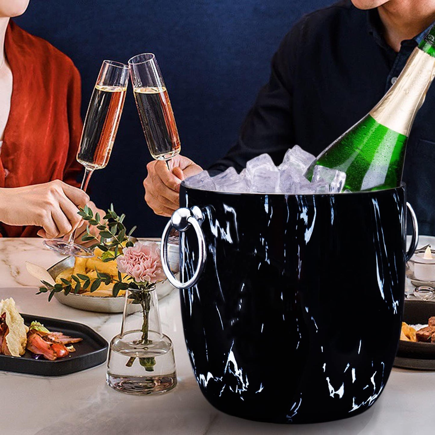 Ice Bucket with Lid, Scoop, Tongs and Strainer - Well Made Insulated Stainless Steel Keep Ice Frozen Longer - Ideal for Cocktail Bar, Parties, Chilling Wine, Champagne - 3 Liter (Black Marble)