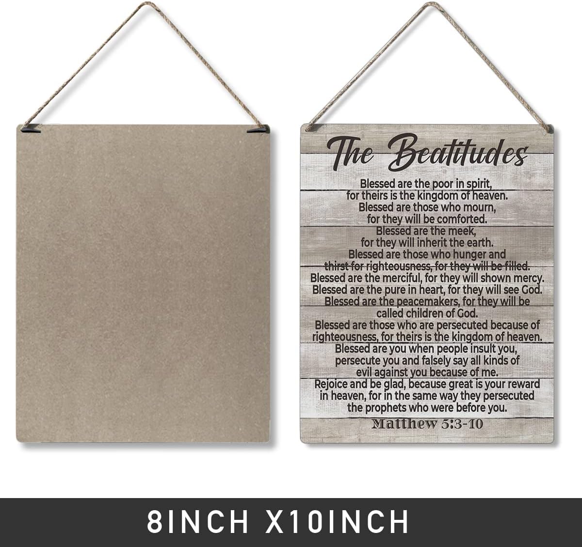 Inspirational Bible Gift Signs the Beatitudes Blessed are the Poor in Spirit for Theirs is the Kingdom of Heaven Wooden Hanging Sign Religious Scripture Art Wall Home Decoration 10 x 8 Inches
