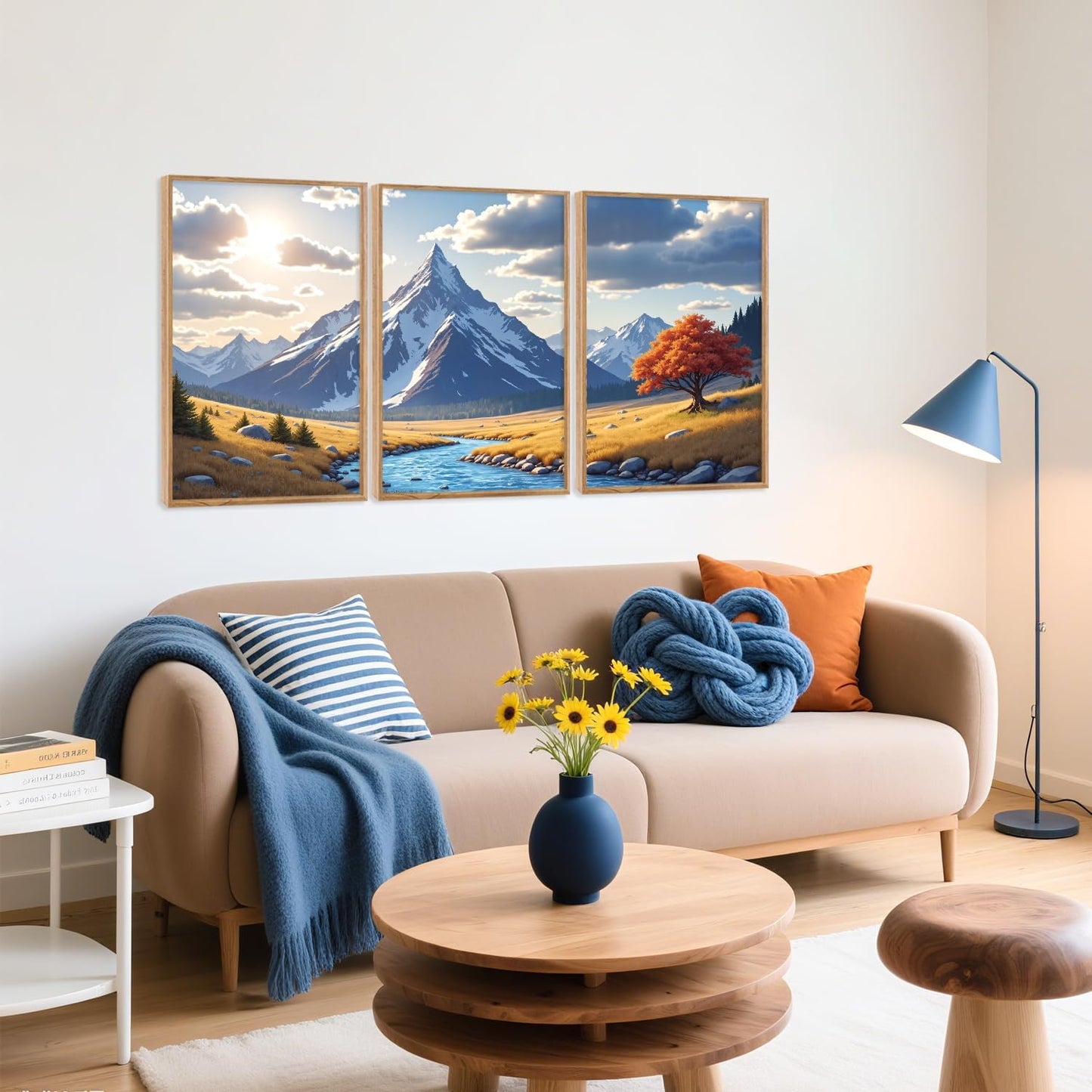 HPNIUB Landscape Mountain Wall Art Set, Rustic River Sunrise Pine Tree Forest Nature Scenry Wilderness Art Print, Farmhouse Grassland Modern Sky Decorative for Living Room, Bedroom, Office-16 x24 x3