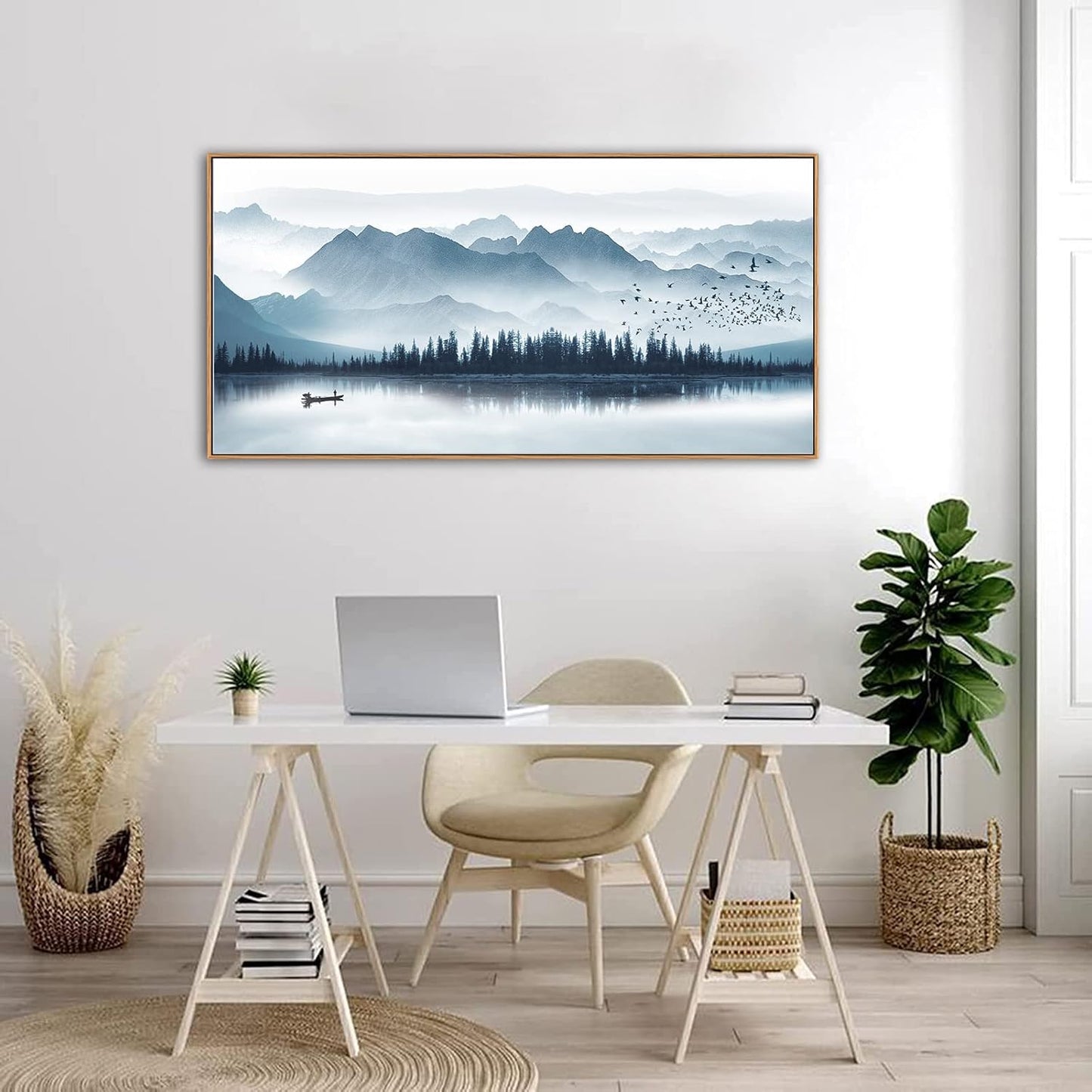Indigo Framed Canvas Wall Art Misty Mountain Wall Pictures Foggy Lake Boat Canvas Painting Prints Forest Birds Canvas Wall Decor for Living Room Bedroom Decorations Natural Framed 24" x 48"