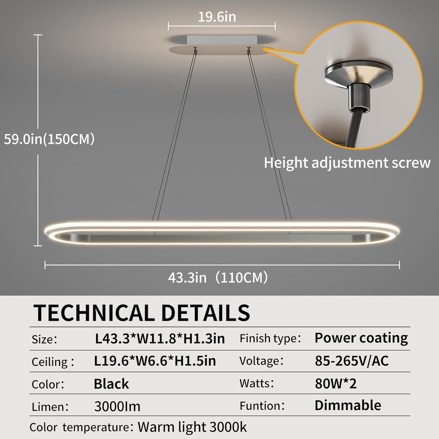 Island Lights, Linear Pendant Light LED Dimmable Hanging Light Fixture, 3000K-6000K with Remote Control,Chandeliers for Dining Room(Silver,43.3IN)