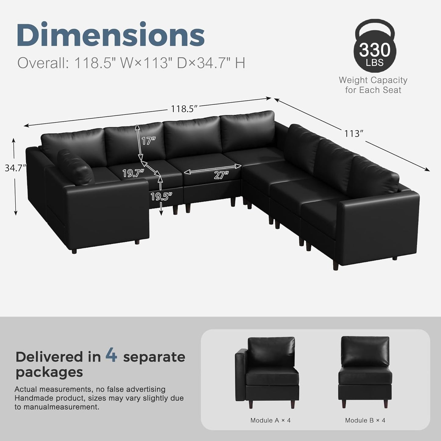 118.5" Faux Leather Modular Sectional Sofa, U Shaped Couch Set for Living Room, Large 8-Seater Comfy Cloud Couches with Storage Seat DIY Combination - Black