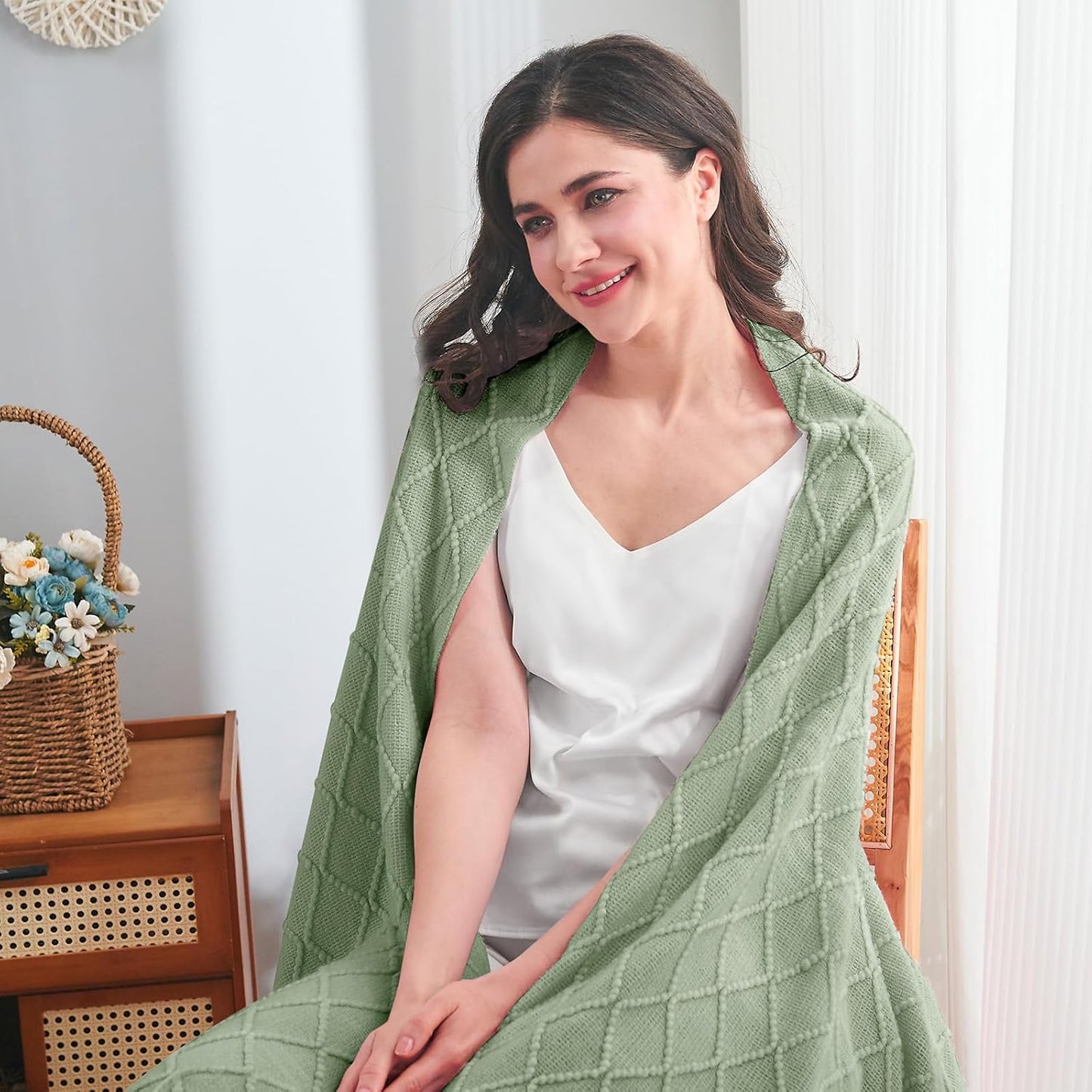 inhand Sage Green Throw Blanket for Couch, Soft Living Room Home Decor Knitted Blanket with Tassel, Outdoor Lightweight Breathable Summer Blanket, Farmhouse Warm Woven Decorative, 50"x60"