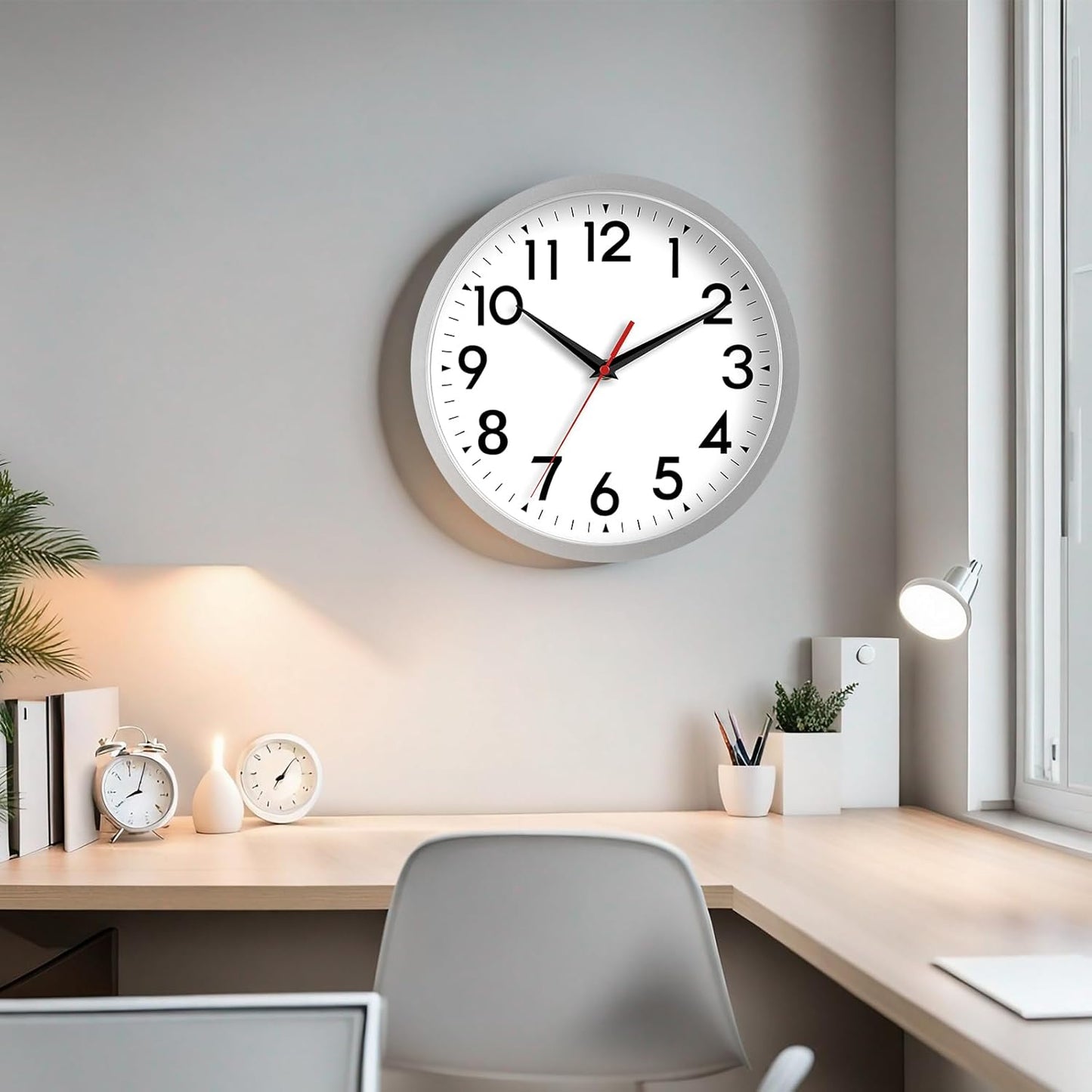 12 Inch Wall Clock Battery Operated Silent Non Ticking Analog Modern Decorative for Office Kitchen Outdoor Living Room Classroom Bedroom Bathroom School(Silver)