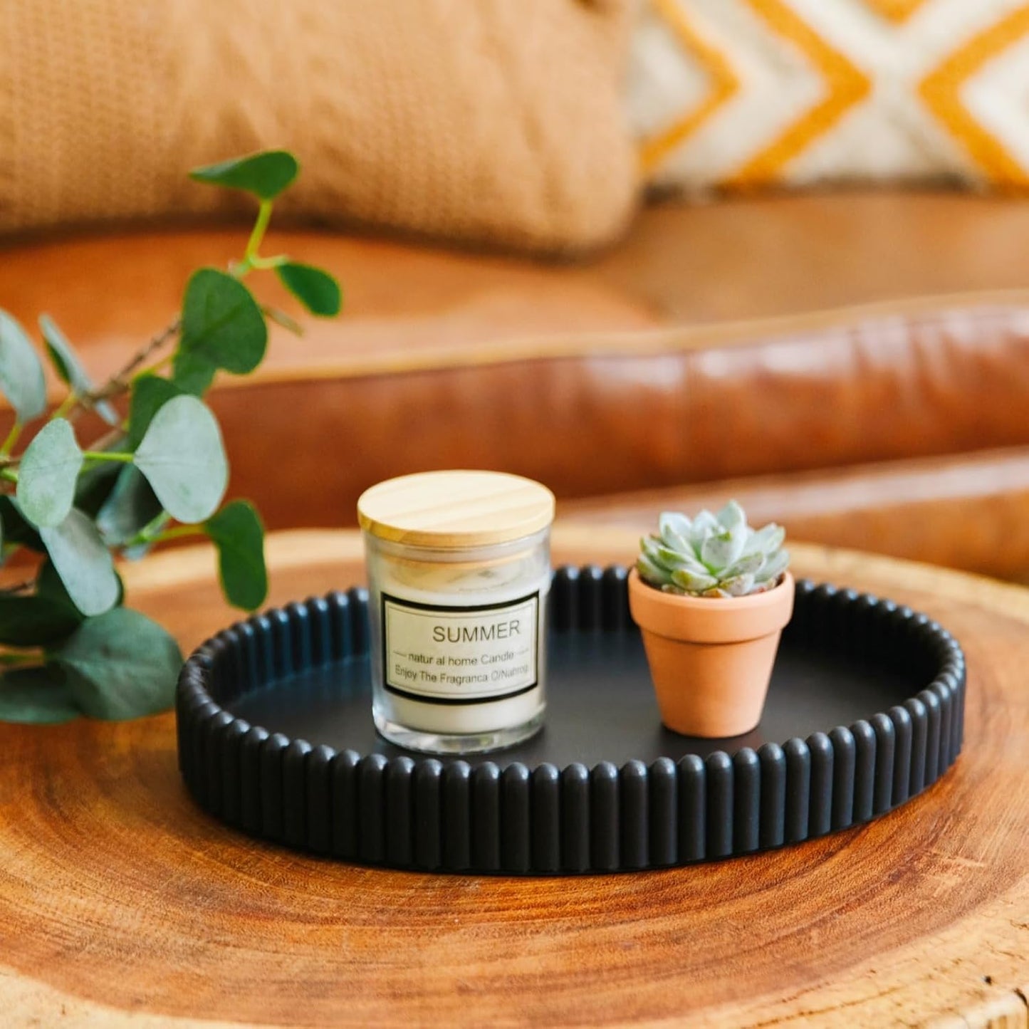 11.8in Decorative Tray for Coffee Table Decor- Modern Oval Concrete Tray for Home Decor- Minimalist Handcrafted Centerpieces Tray for Living Room, Kitchen Dining Table, Entryway (Black)