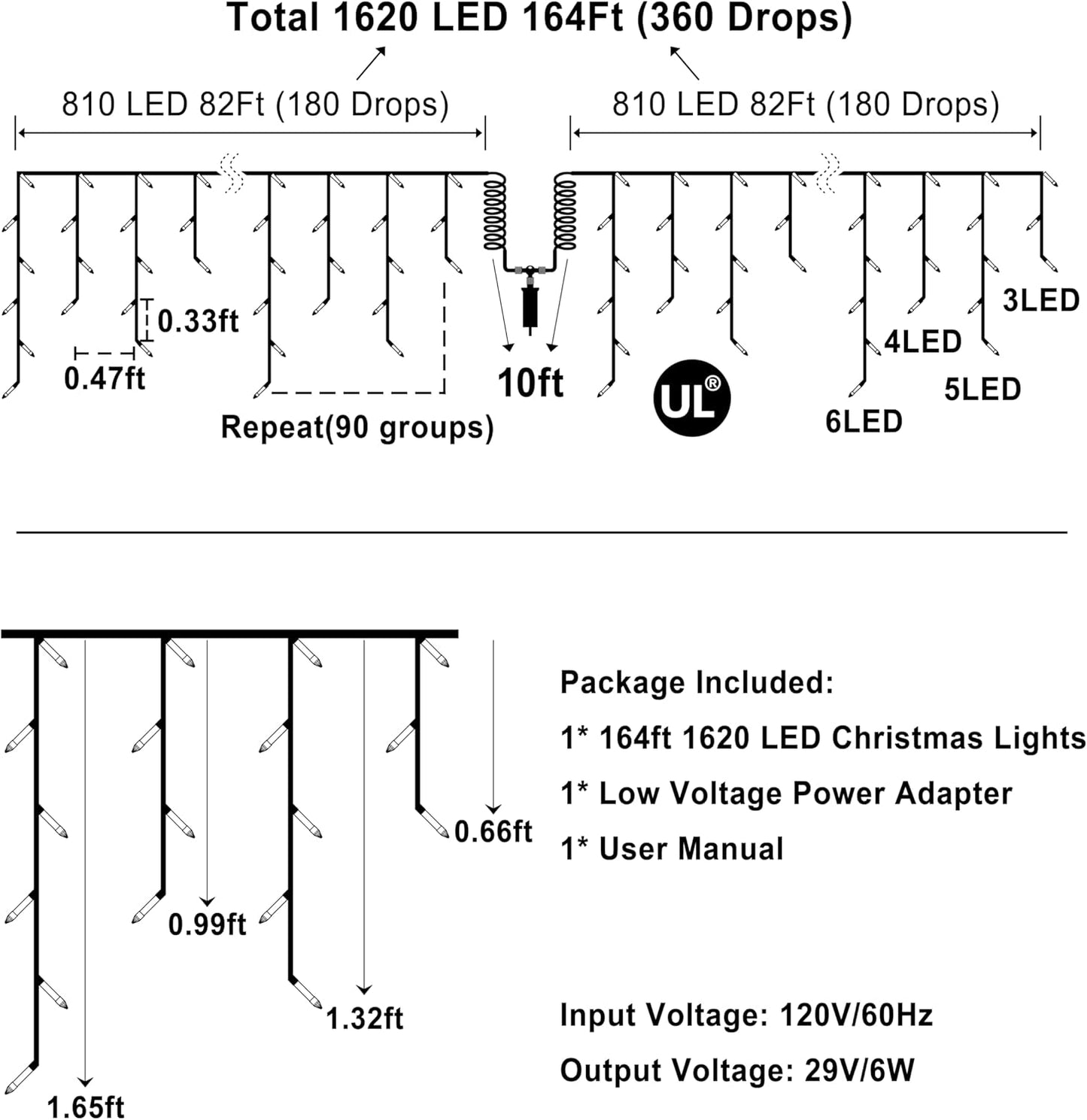 1620 LED Christmas Outdoor Lights with 360 Drops, 164ft Hanging Curtain Lights with 8 Modes Timer & Memory, Waterproof Christmas Fairy Lighs for House Roof Holiday Wedding Christmas Decor (Cool White)