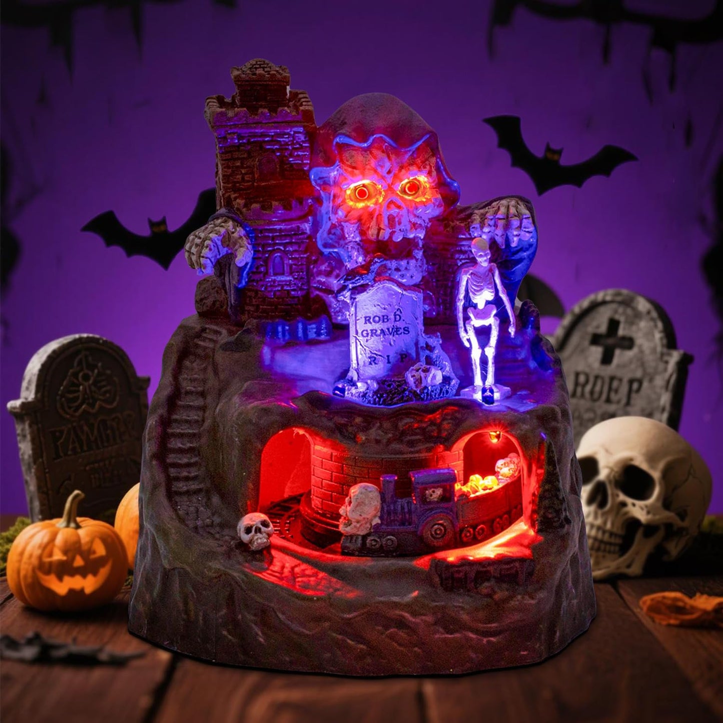innodept12 Animated Halloween Small Village House - Moving Train and Skull Ghosts Tombstones Figurines with Pre-Lit Spooky Voice, Battery Operated, Not Including