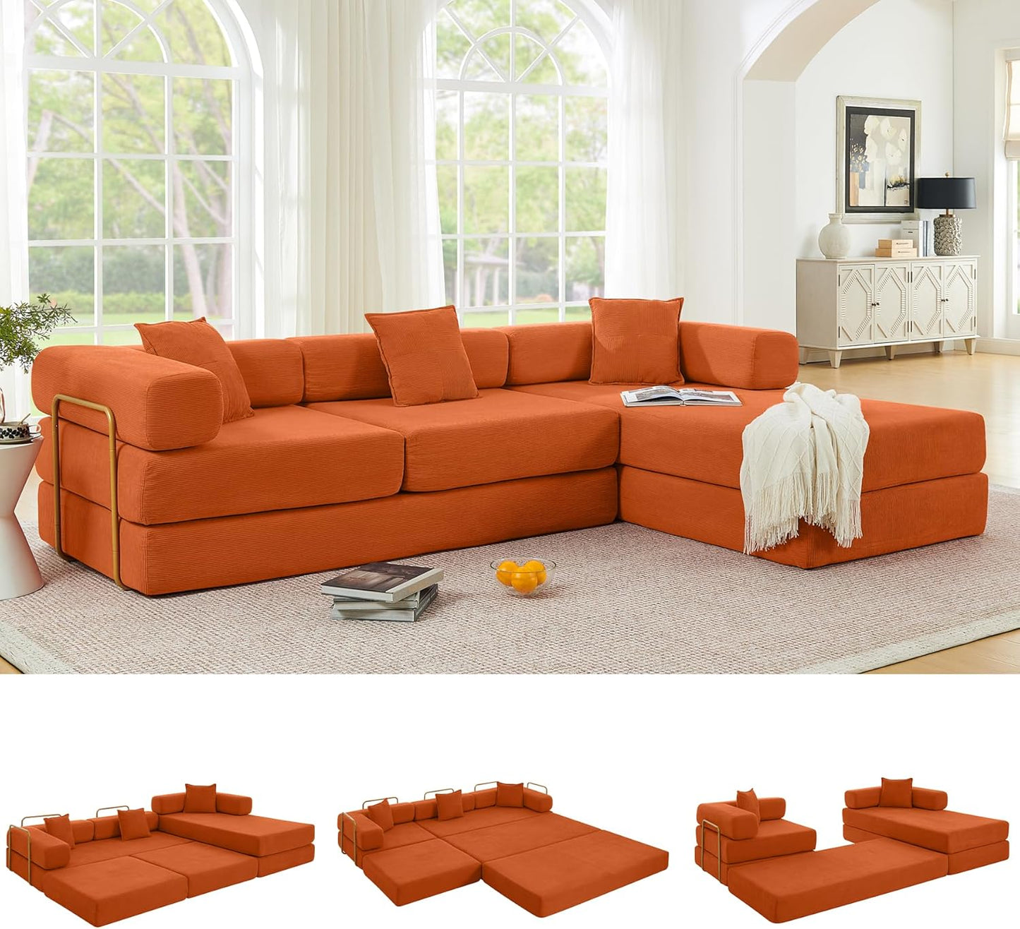 108" Oversized Convertible Sleeper Sofa Bed, Corduroy L Shape Sectional Couch, Folding Sofa Bed with Side Pocket, Modern Cloud Floor Mattress Couch, Modular Sofa for Living Room, Orange