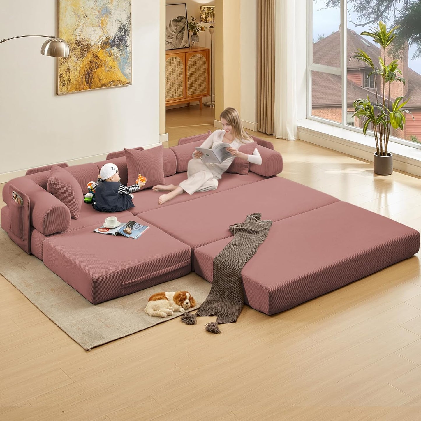 107" Oversized Convertible Sleeper Sofa Bed, Corduroy L Shape Sectional Couch, Folding Sofa Bed with Side Pocket, Modern Cloud Floor Mattress Couch, Modular Sofa for Living Room, Pink