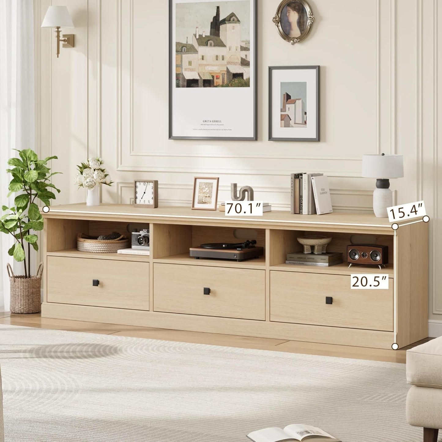 IDEALHOUSE 70in TV Stand for TVs up to 80", Mid Century Modern Entertainment Center with Storage Drawer and Open Shelves, TV Console Media Cabinet for Living Room, Bedroom (Light Oak)