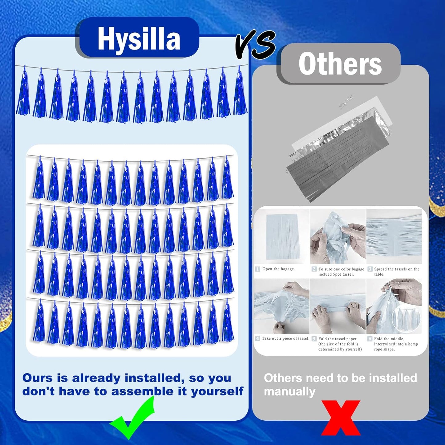 4P Blue Foil Fringe Metallic Tassel Streamers Banner Tassel Garland for Parade Floats, Bachelorette, Wedding, Birthday, Halloween, Christmas, Bridal/Baby Shower Party Decorations