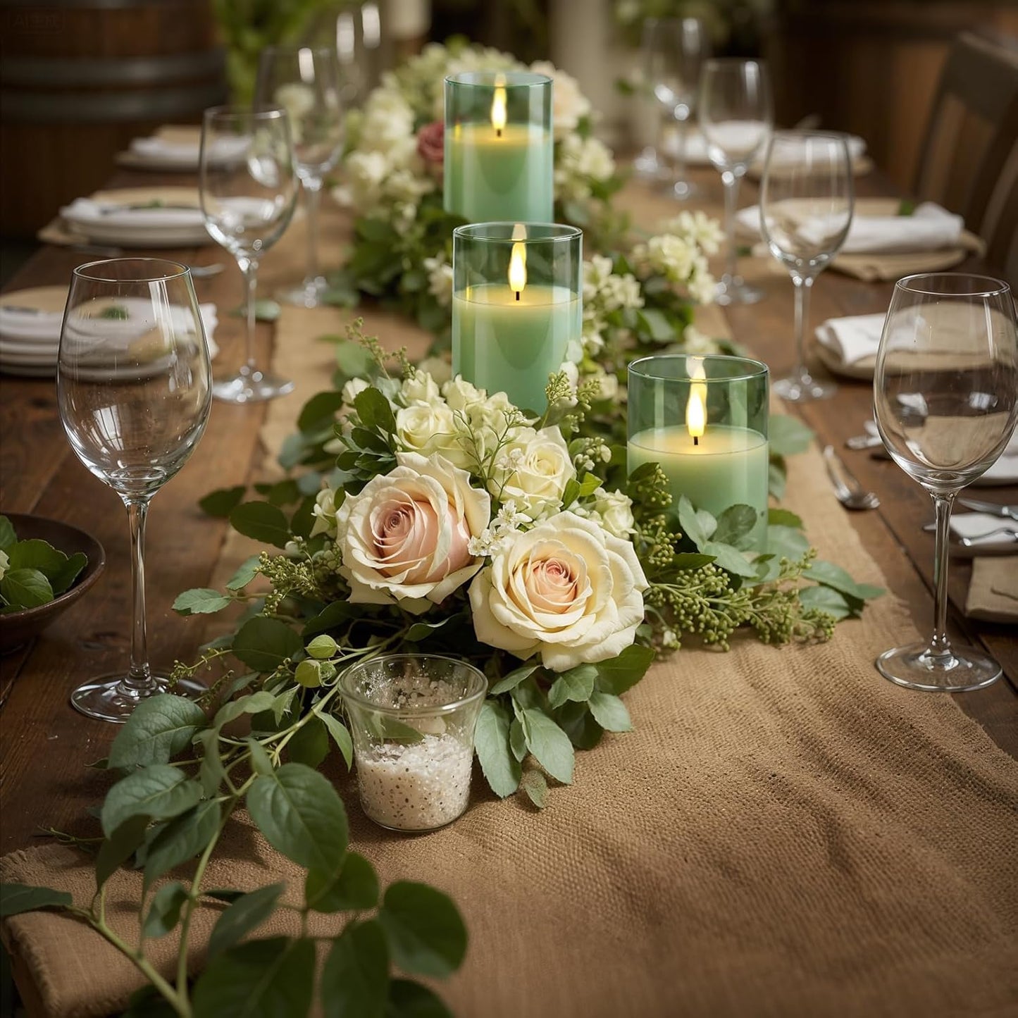 Homemory Green Glass Flameless Candles, Battery Operated LED Pillar Candles with Remote Control and Timer, Radiance Candles, Real Wax, Set of 3,D3 xH4 5" 6"