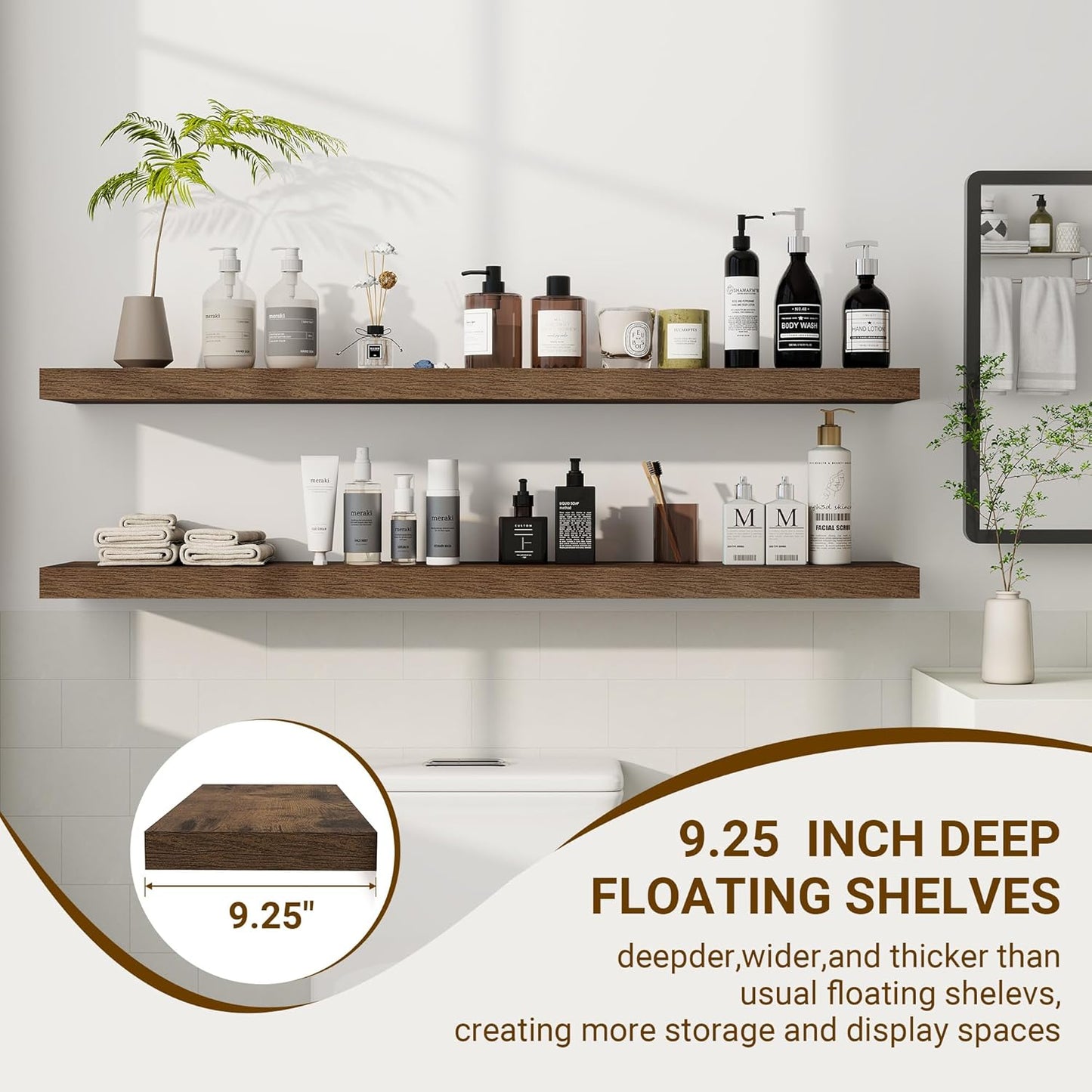 48 Inch Floating Shelves, 48"x9.25"x1.5" Inch Deep Floating Shelves for Wall, Wooden Shelves for Bathroom, Bedroom, Living Room, Brown