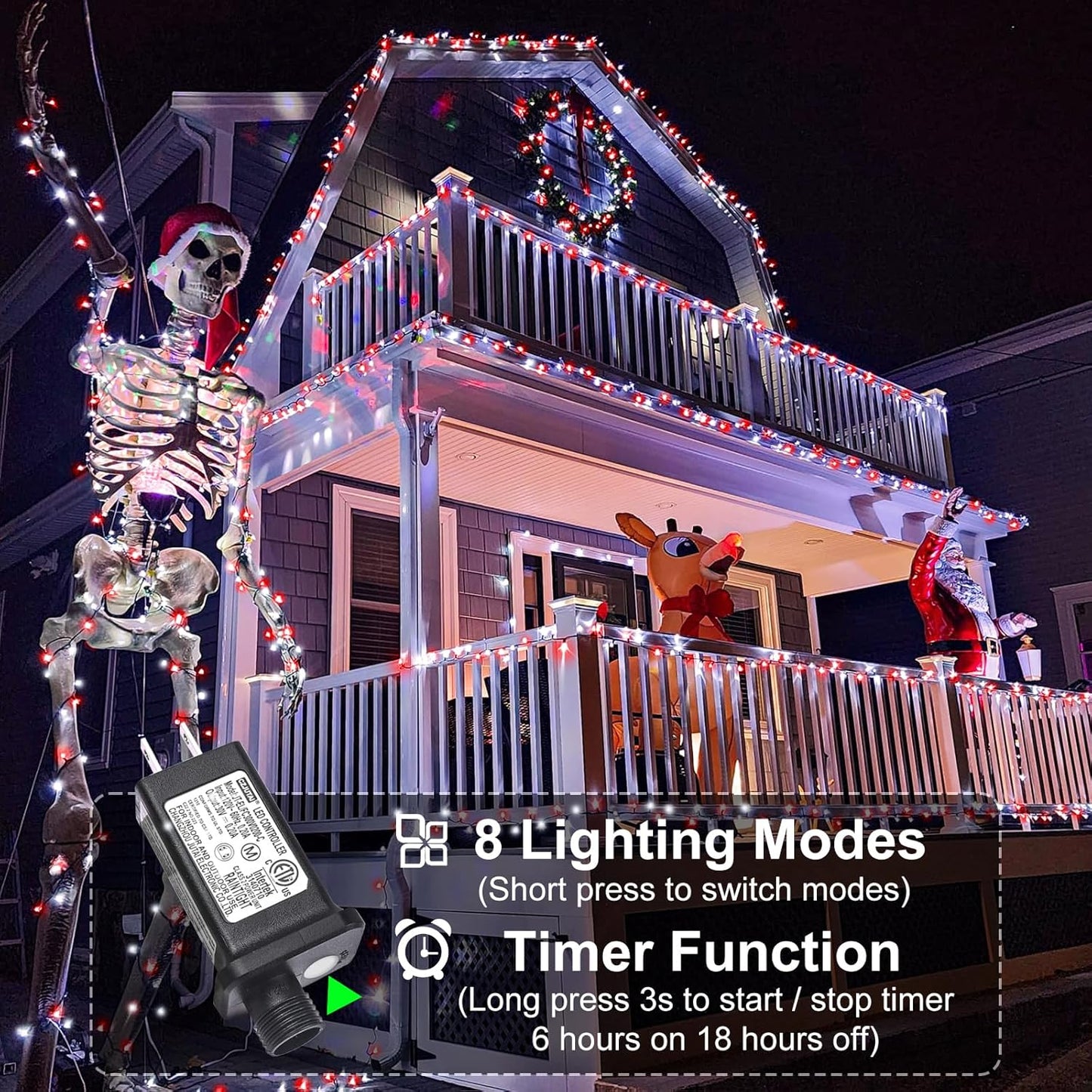 100FT 300 LED Christmas Lights Outdoor, Plug in Christmas Tree Lights with 8 Modes Waterproof, Green Wire Twinkle Tree Lights for Indoor Patio Garden Party Holiday Decorations, Red White