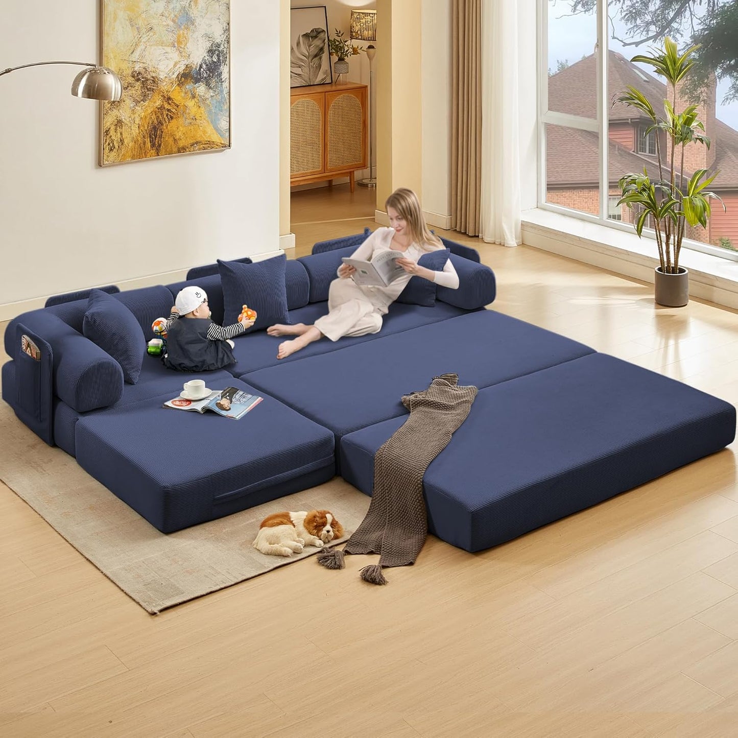 107" Oversized Convertible Sleeper Sofa Bed, Corduroy L Shape Sectional Couch, Folding Sofa Bed with Side Pocket, Modern Cloud Floor Mattress Couch,Modular Sofa for Living Room,Dark Blue