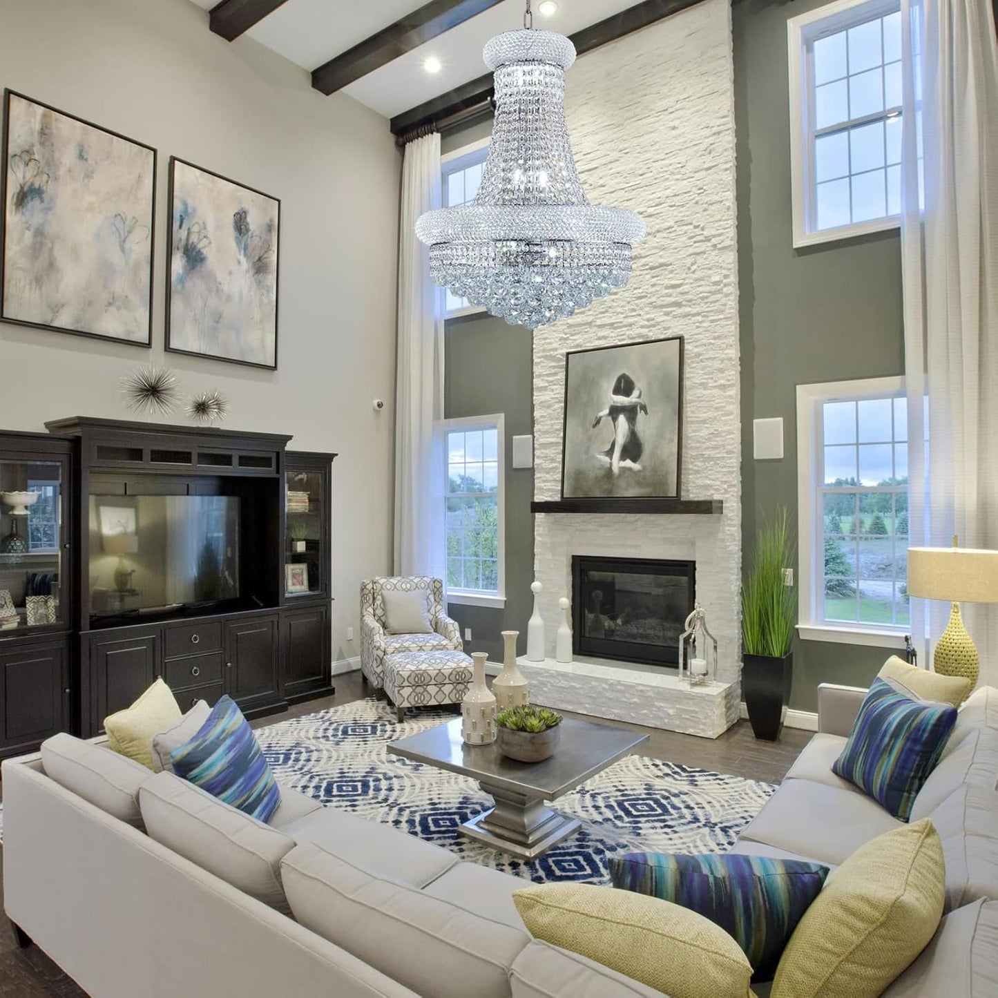 12 - Light Unique Empire Crystal Chandelier for Foyer Entrance Living Room Dining Room Bedroom Entryway Chrome Finish