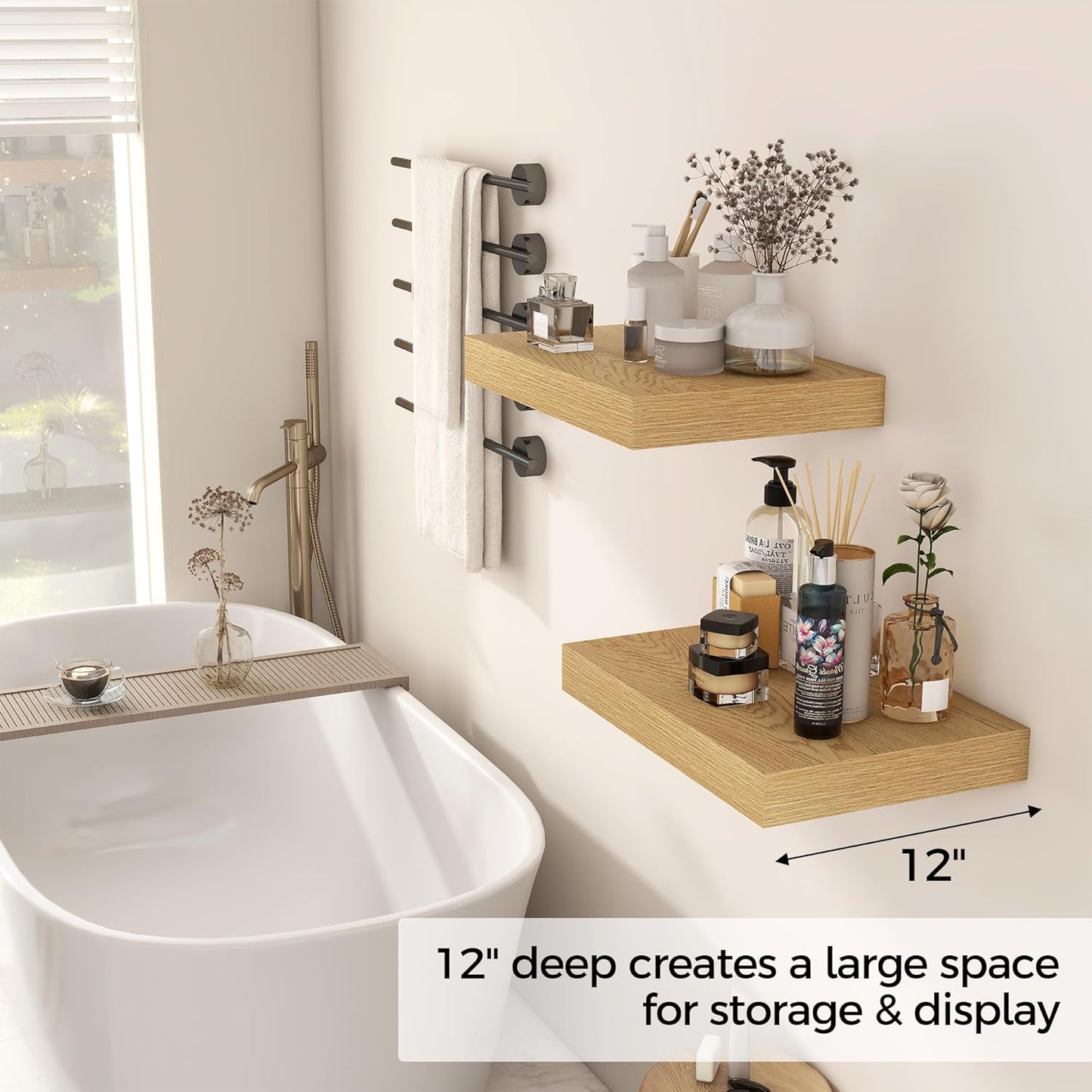 12 Inch Deep Floating Shelves, 16 x 12 Floating Shelf for Books, Rustic Wood Deep Wall Shelves for Home Storage & Display, 2" Thicked Shelves for Kitchen, Living Room, Bedroom, Oak Color, 2 Pack